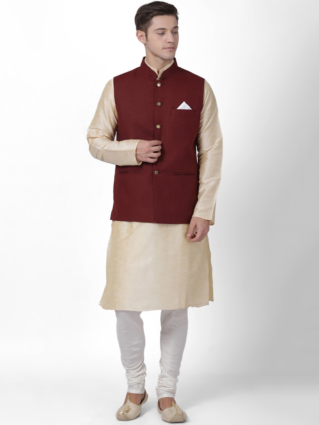 

TABARD Men Beige Regular Dupion Silk Kurta with Churidar & Nehru Jacket, Cream