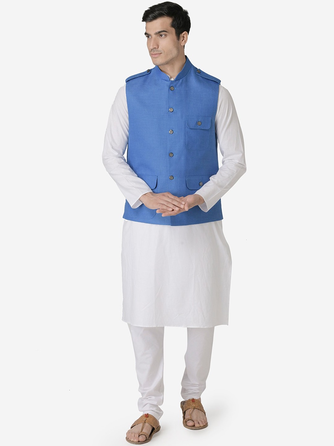 

TABARD Men White Pure Cotton Kurta with Churidar & Nehru Jacket