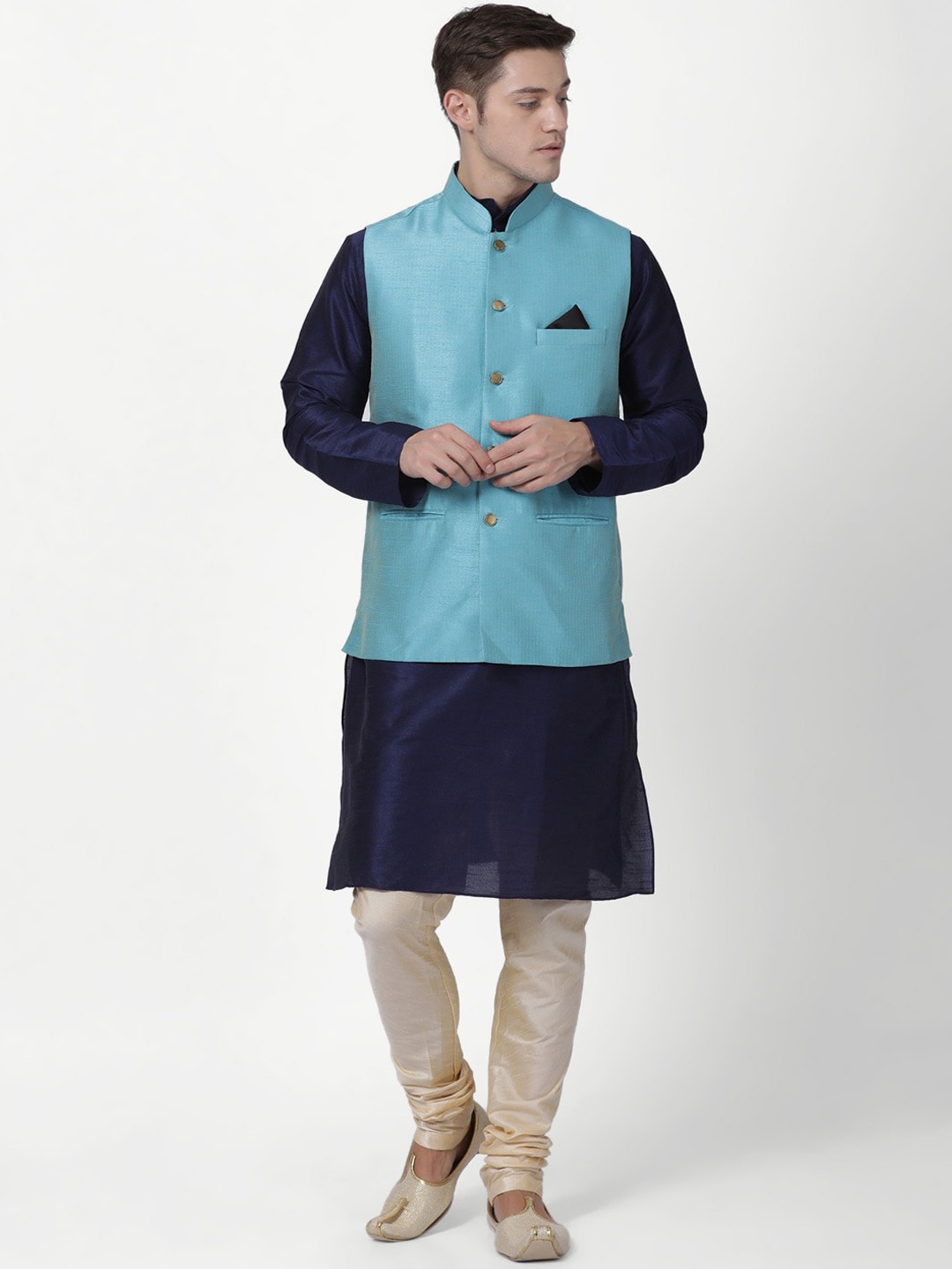 

TABARD Men Blue Dupion Silk Kurta with Churidar With Nehru Jacket