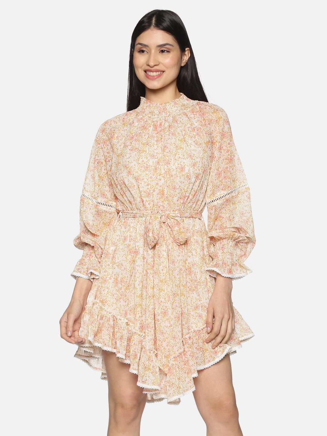 

ISU Women Orange & Cream-Coloured Floral A-Line Dress