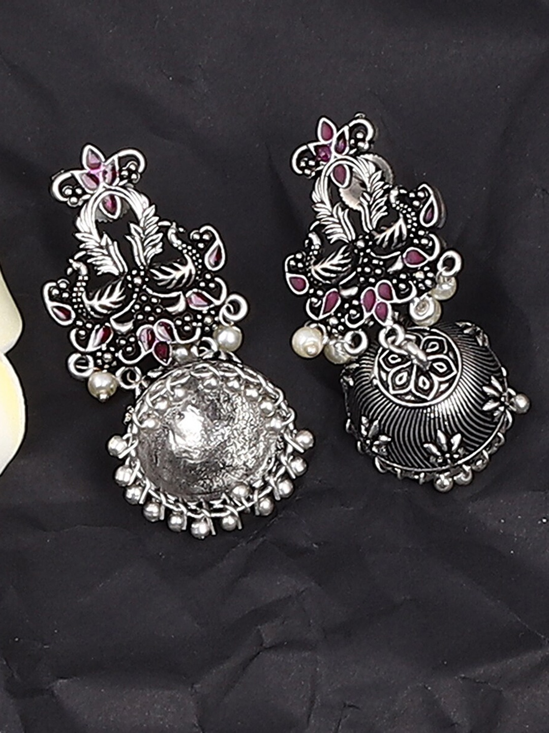 

Jewelz Silver-Plated & Burgundy Peacock Shaped Jhumkas