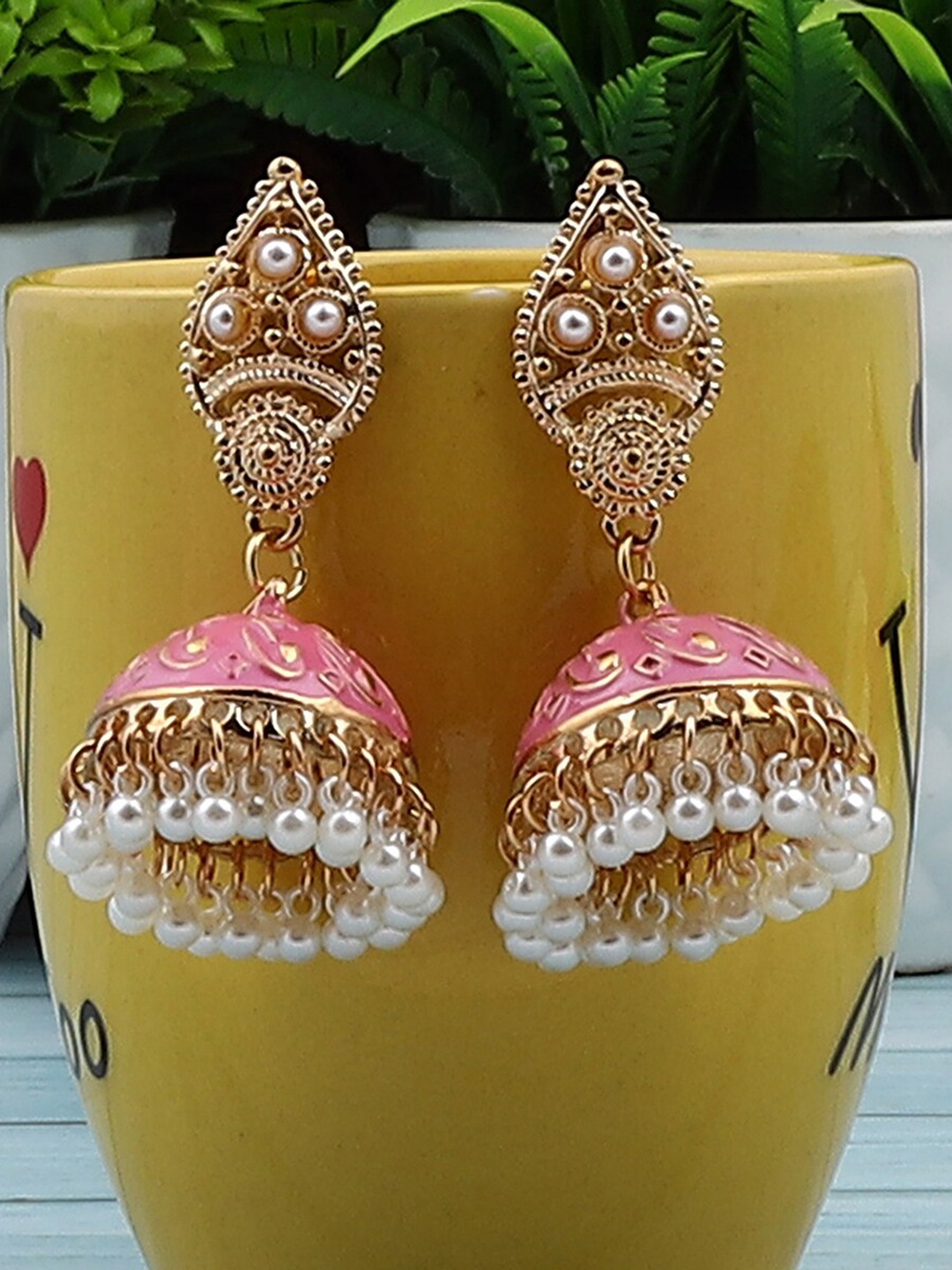

Jewelz Gold-Toned & Pink Dome Shaped Jhumkas Earrings