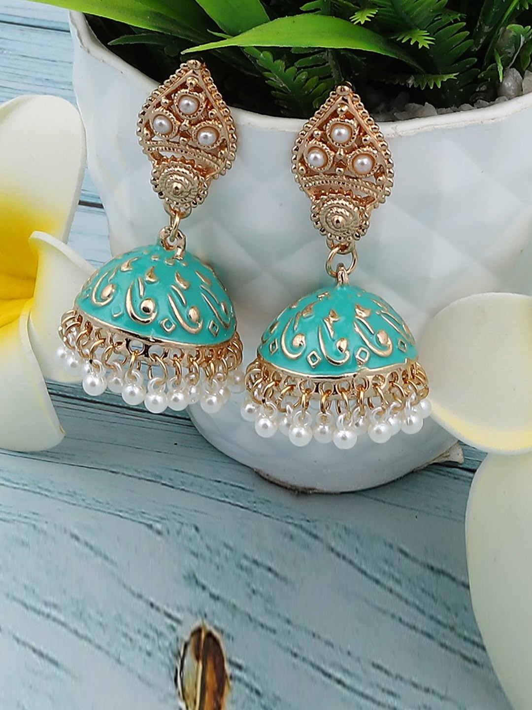 

Jewelz Gold-Plated & Sea Green Contemporary Jhumkas