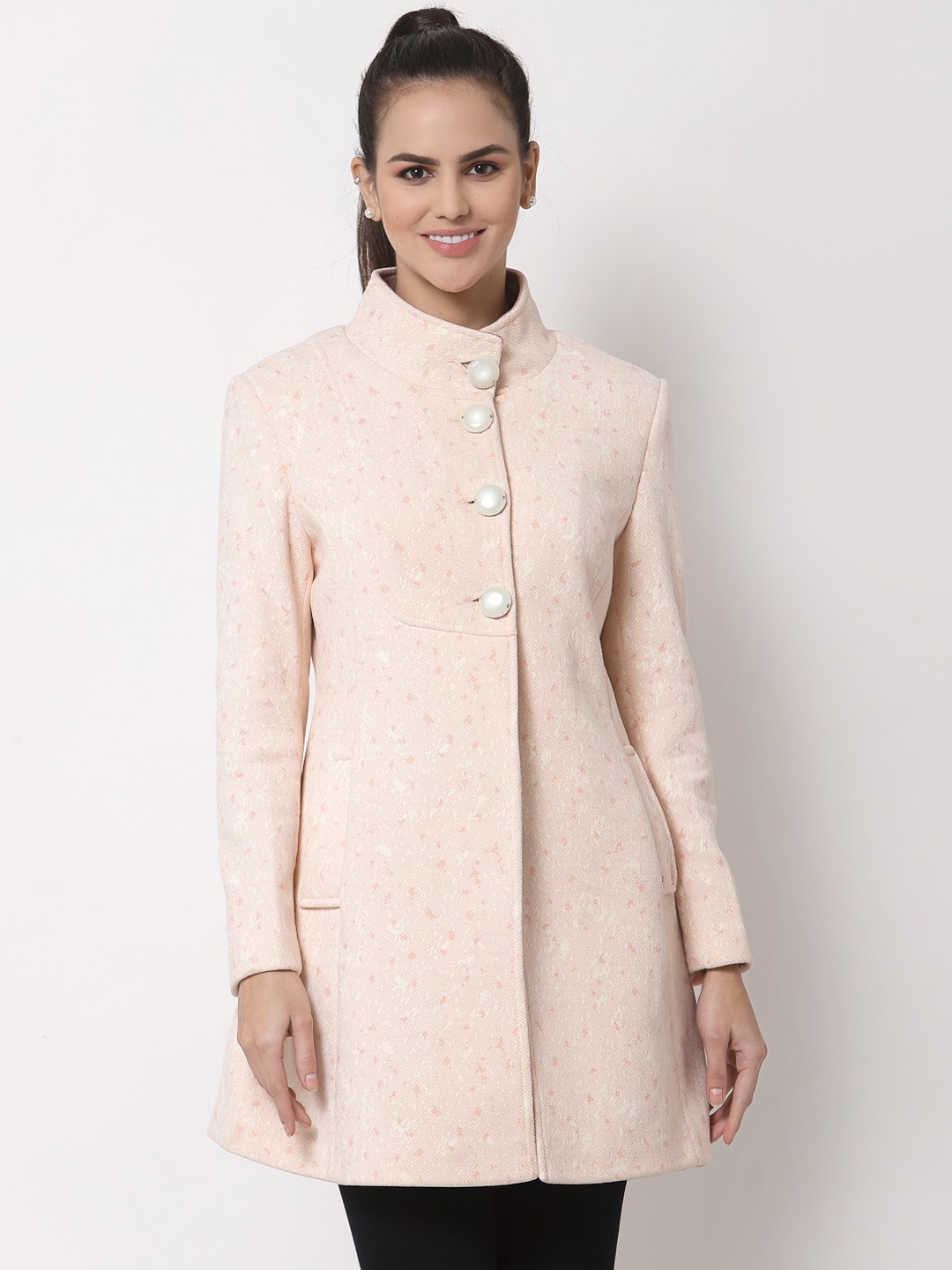 

Juelle Women Peach-Coloured Self Design Slim-Fit Trench Coat