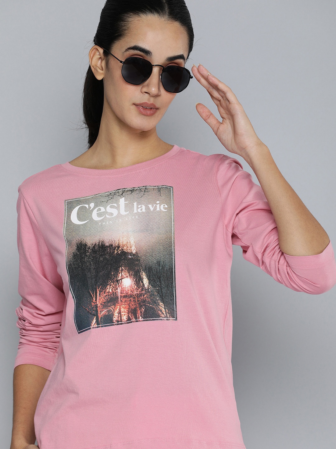 

Flying Machine Women Rose & Grey Graphic Printed Pure Cotton T-shirt