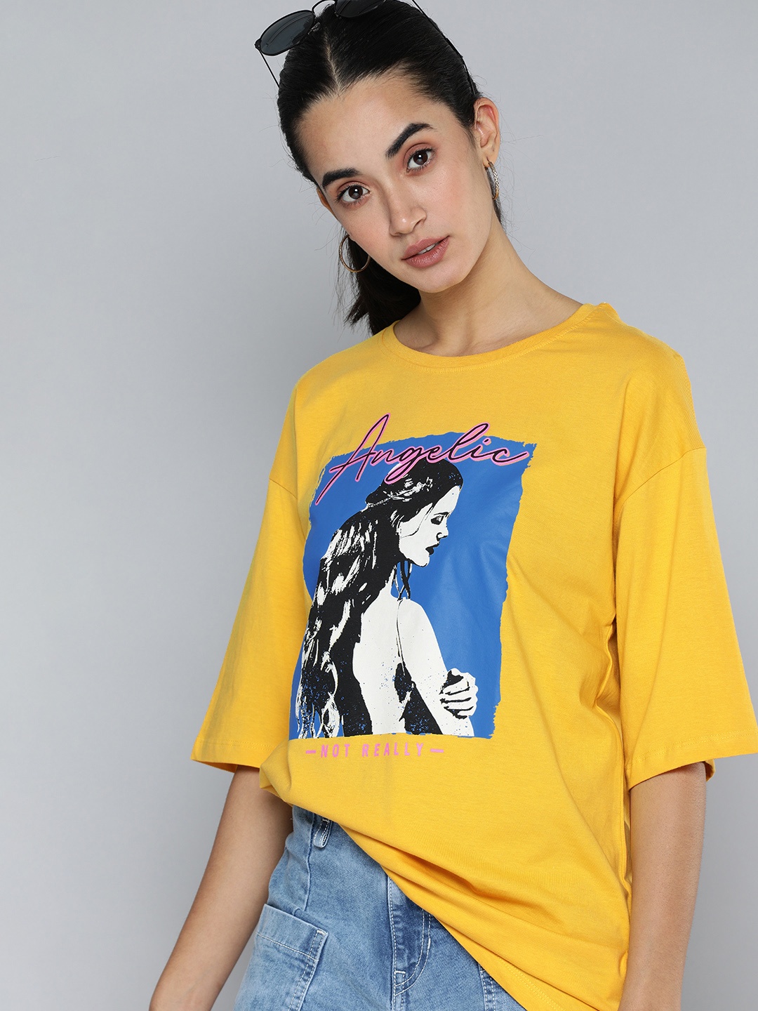 

Flying Machine Women Mustard Yellow & Blue Graphic Printed Pure Cotton Loose T-shirt