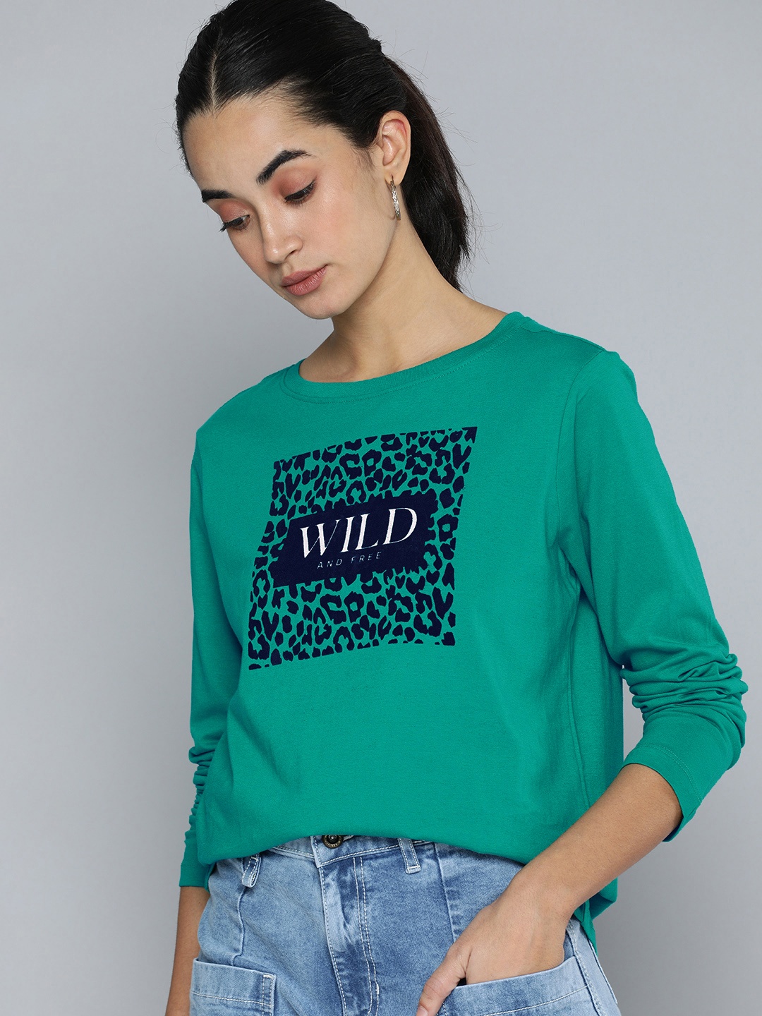 

Flying Machine Women Green & Navy Blue Typography Printed Pure Cotton T-shirt