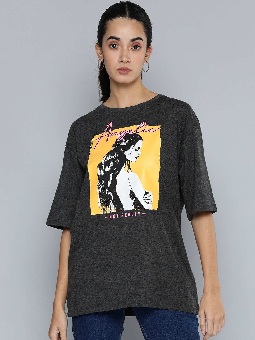 

Flying Machine Women Grey & Yellow Printed Drop-Shoulder Sleeves Loose T-shirt