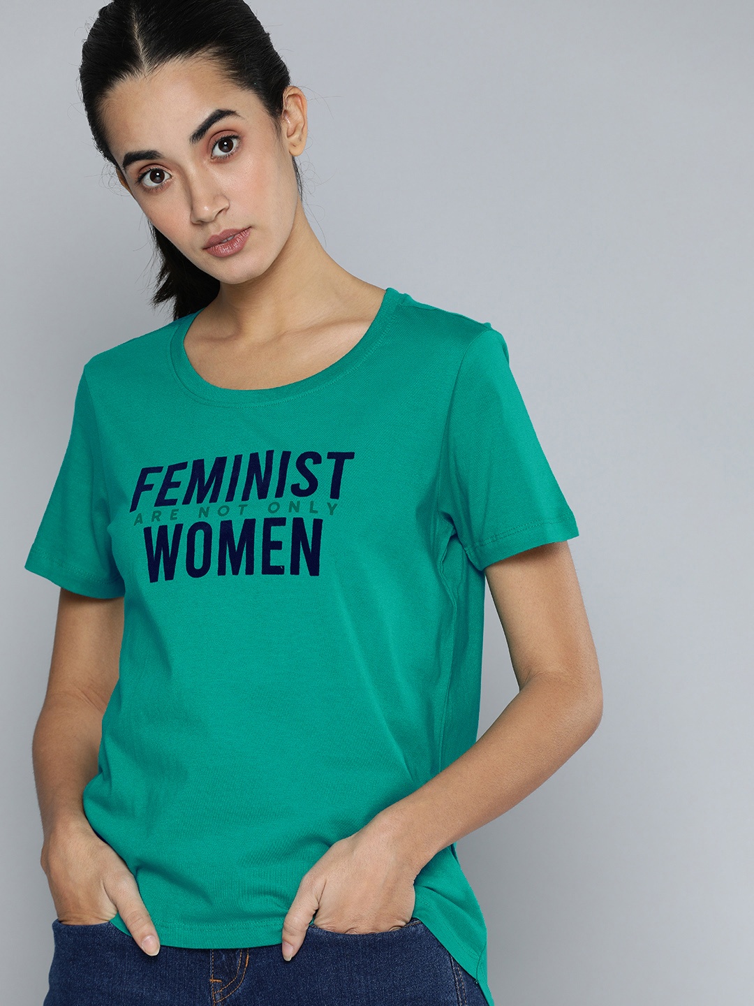 

Flying Machine Women Green & Navy Blue Typography Printed Pure Cotton T-shirt