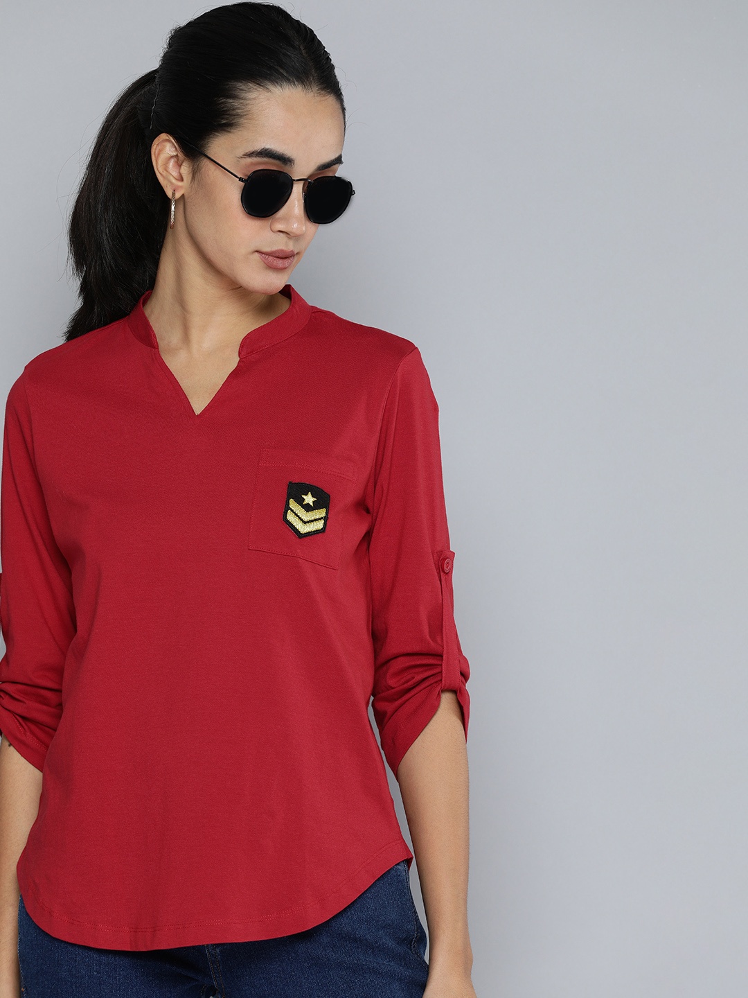

Flying Machine Women Red Solid Pure Cotton T-shirt With Applique