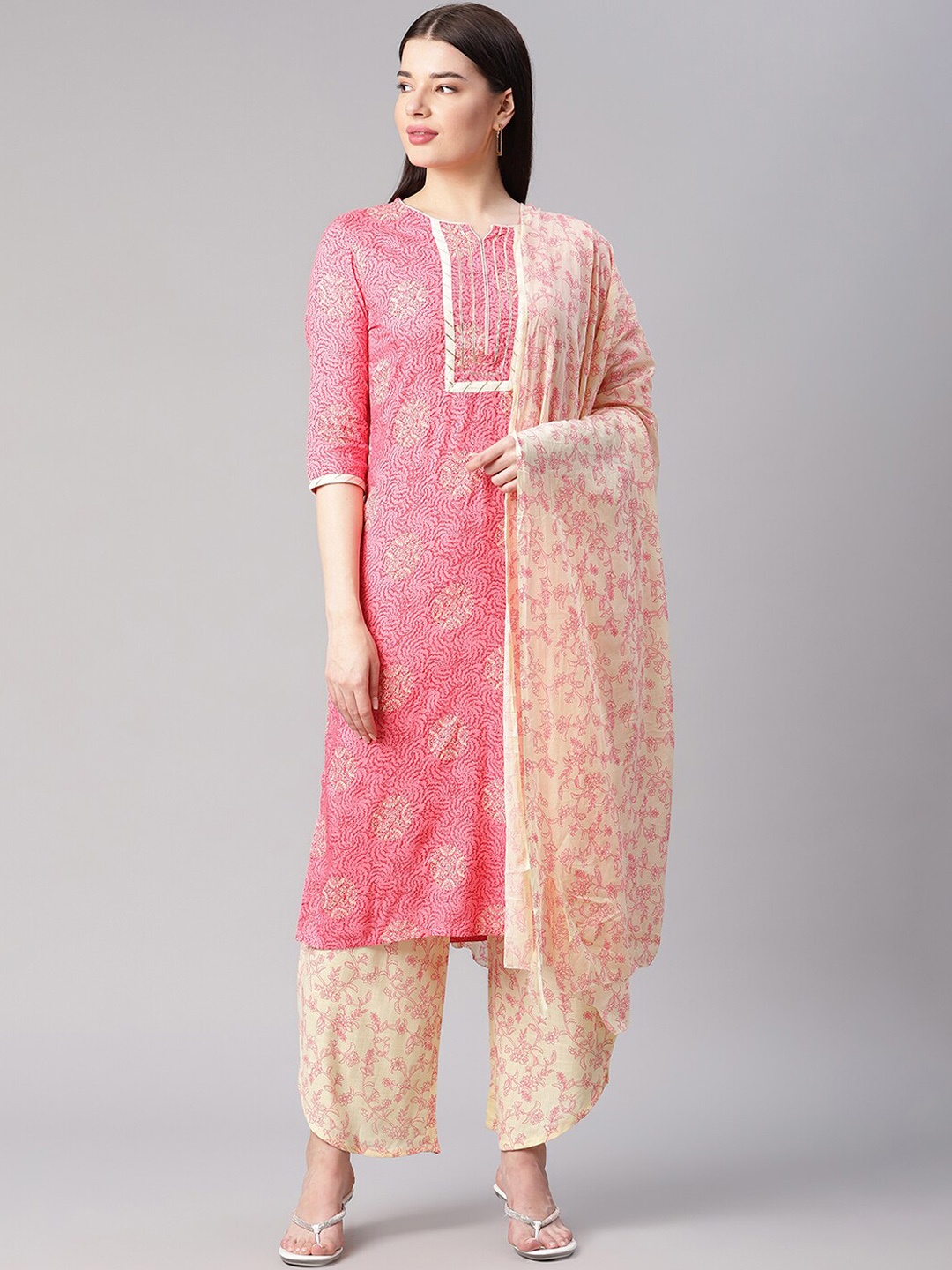 

Sringam Women Peach-Coloured Floral Yoke Design Panelled Kurta with Palazzos & Dupatta