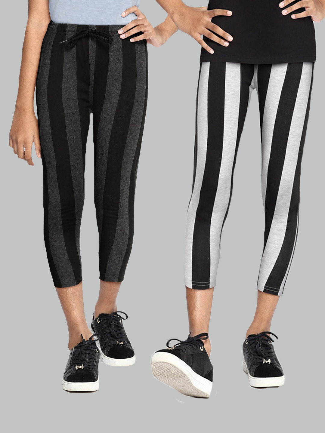 

SEYBIL Girls Pack Of 2 Grey Melange & White Striped Capris
