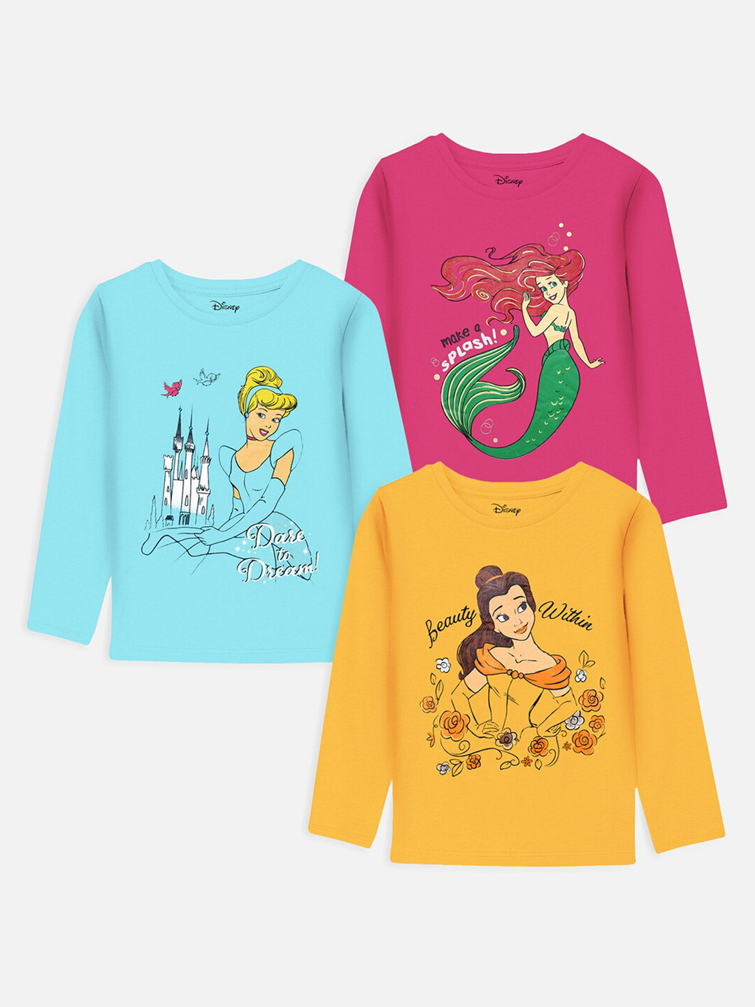 

Disney By Miss and Chief Girls Yellow & Blue Set Of 3 Printed T-shirts