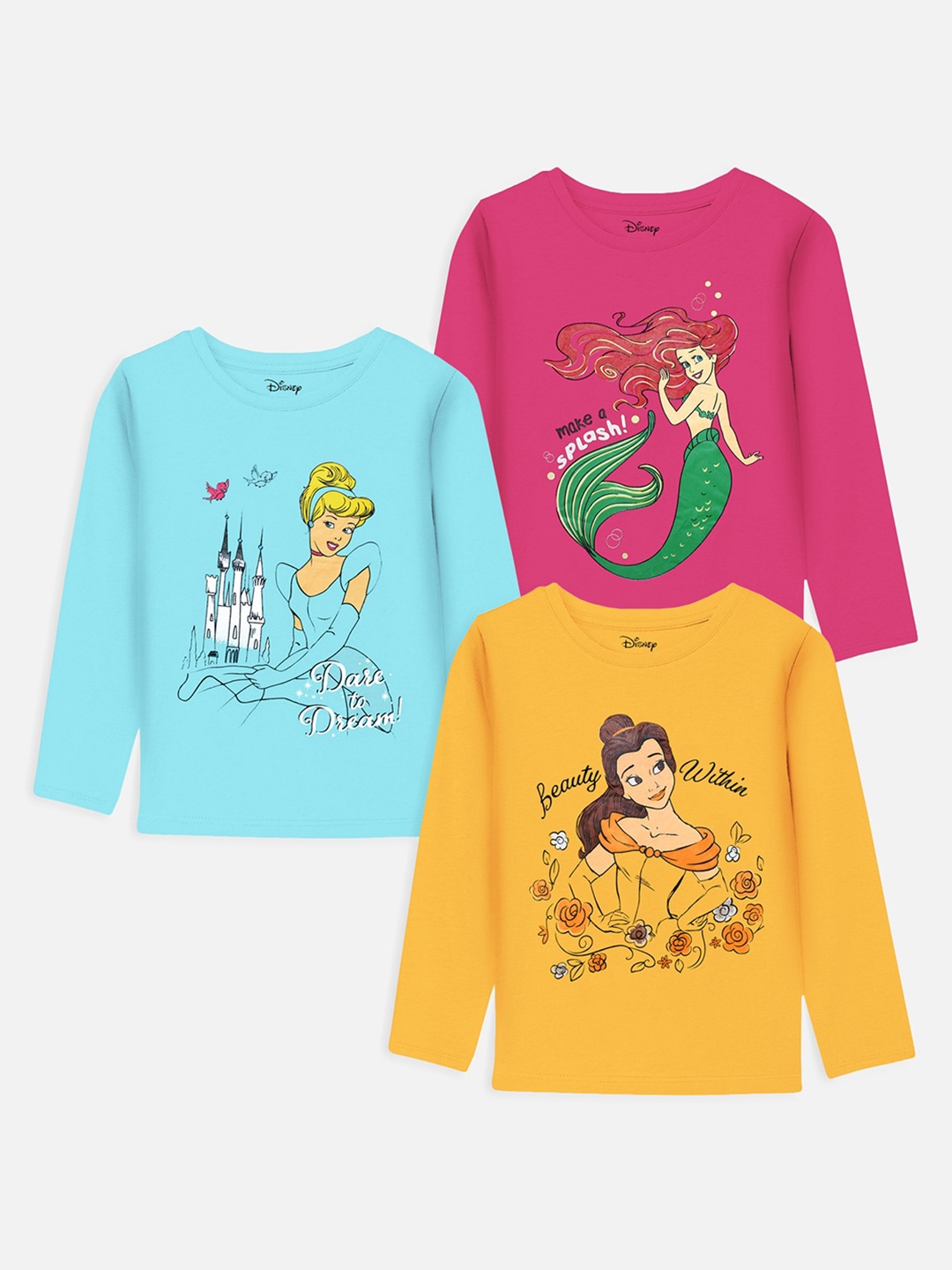 

Disney By Miss and Chief Girls Pink & Blue Set Of 3 Printed T-shirts