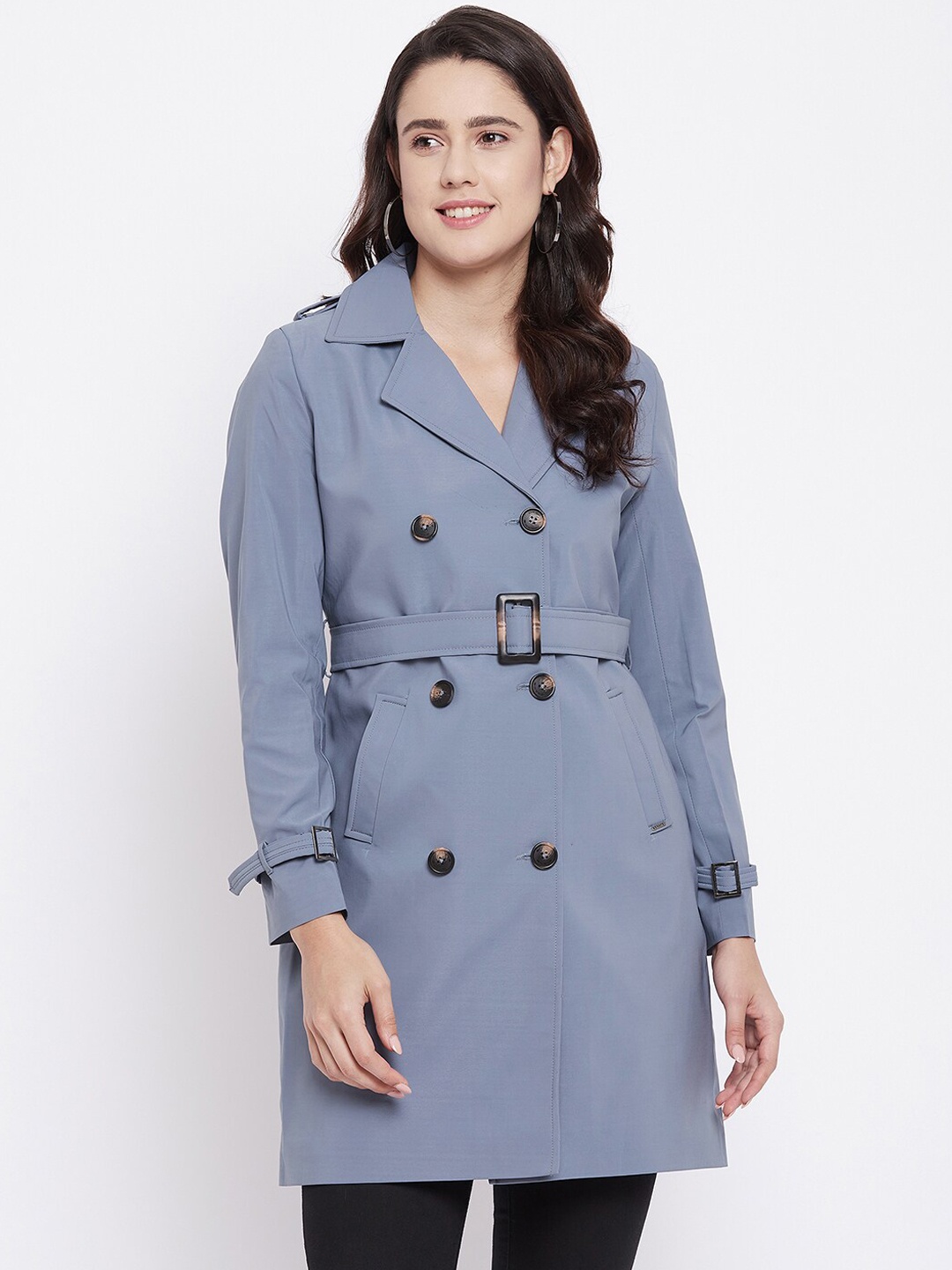 

Okane Women Blue Solid Double-Breasted Trench Coat