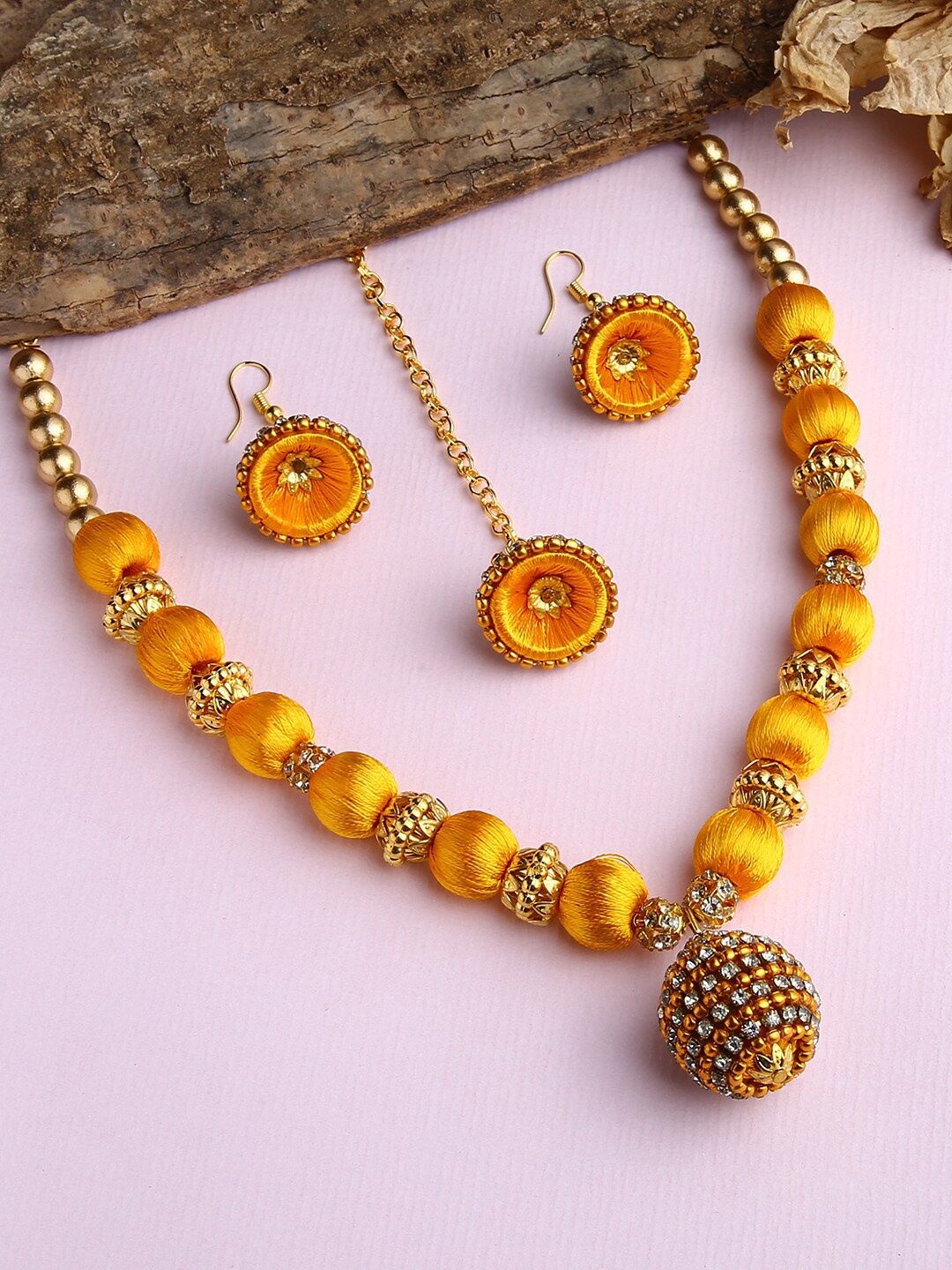 

AKSHARA Gold-Plated White & Yellow Stones-Studded & Beaded Wooden Balls Silk Thread Jewellery Set