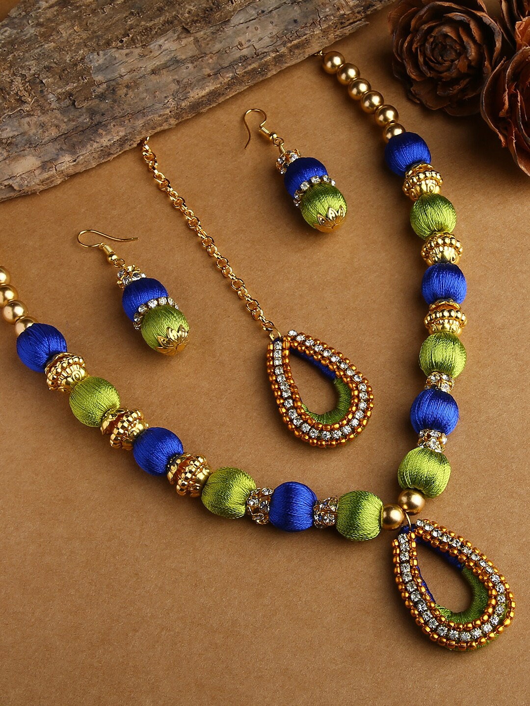 

AKSHARA Gold-Plated & Green Stones-Studded & Beaded Wooden Balls Silk Thread Jewellery Set