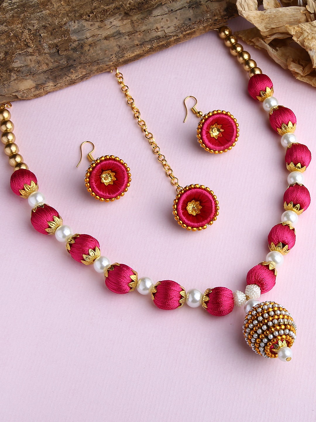 

AKSHARA Gold-Plated Pink & White Stones-Studded & Beaded Wooden Balls Silk Thread Jewellery Set