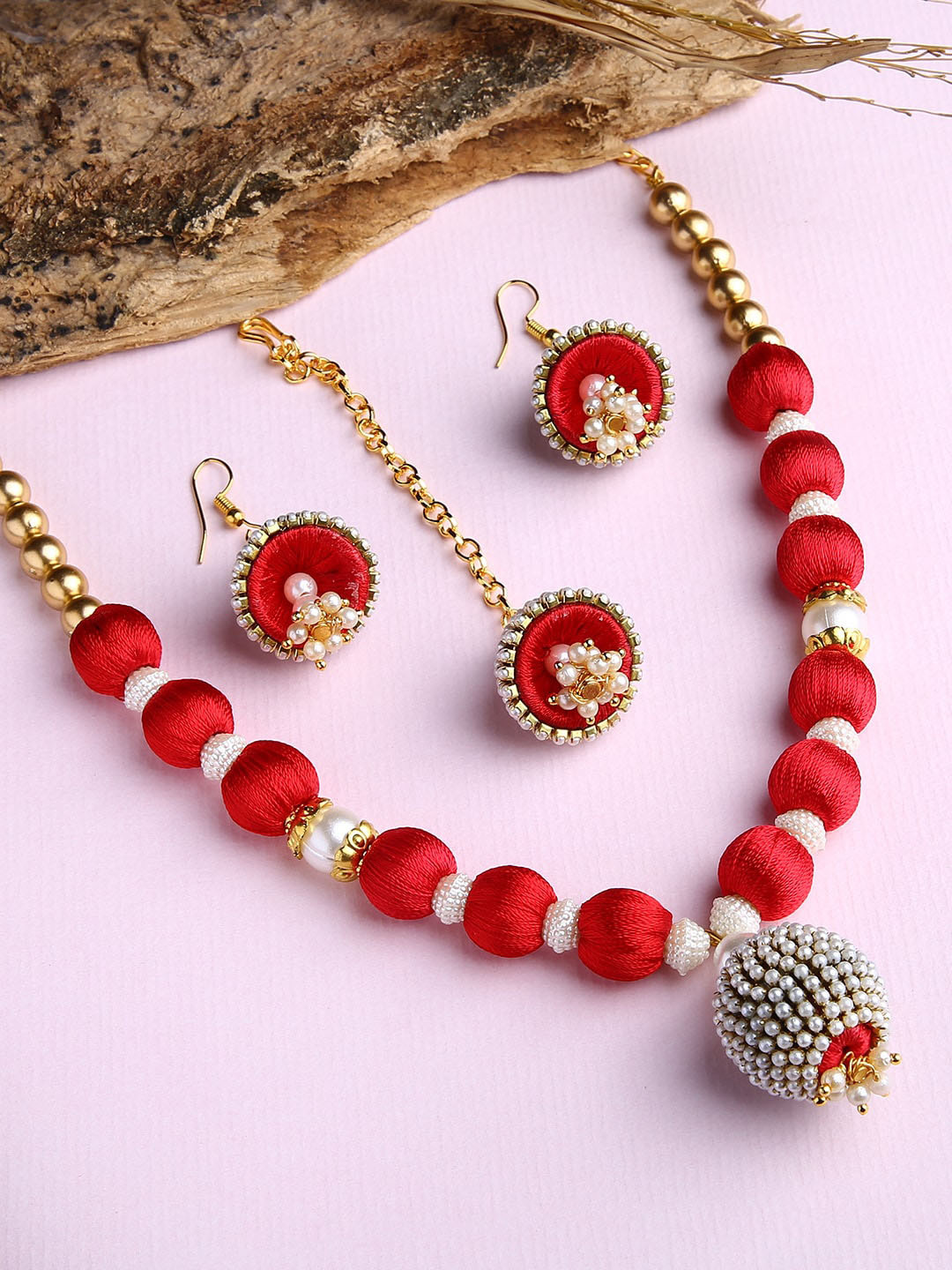 

AKSHARA Gold-Plated Red & White Stone-Studded & Beaded Jewellery Set