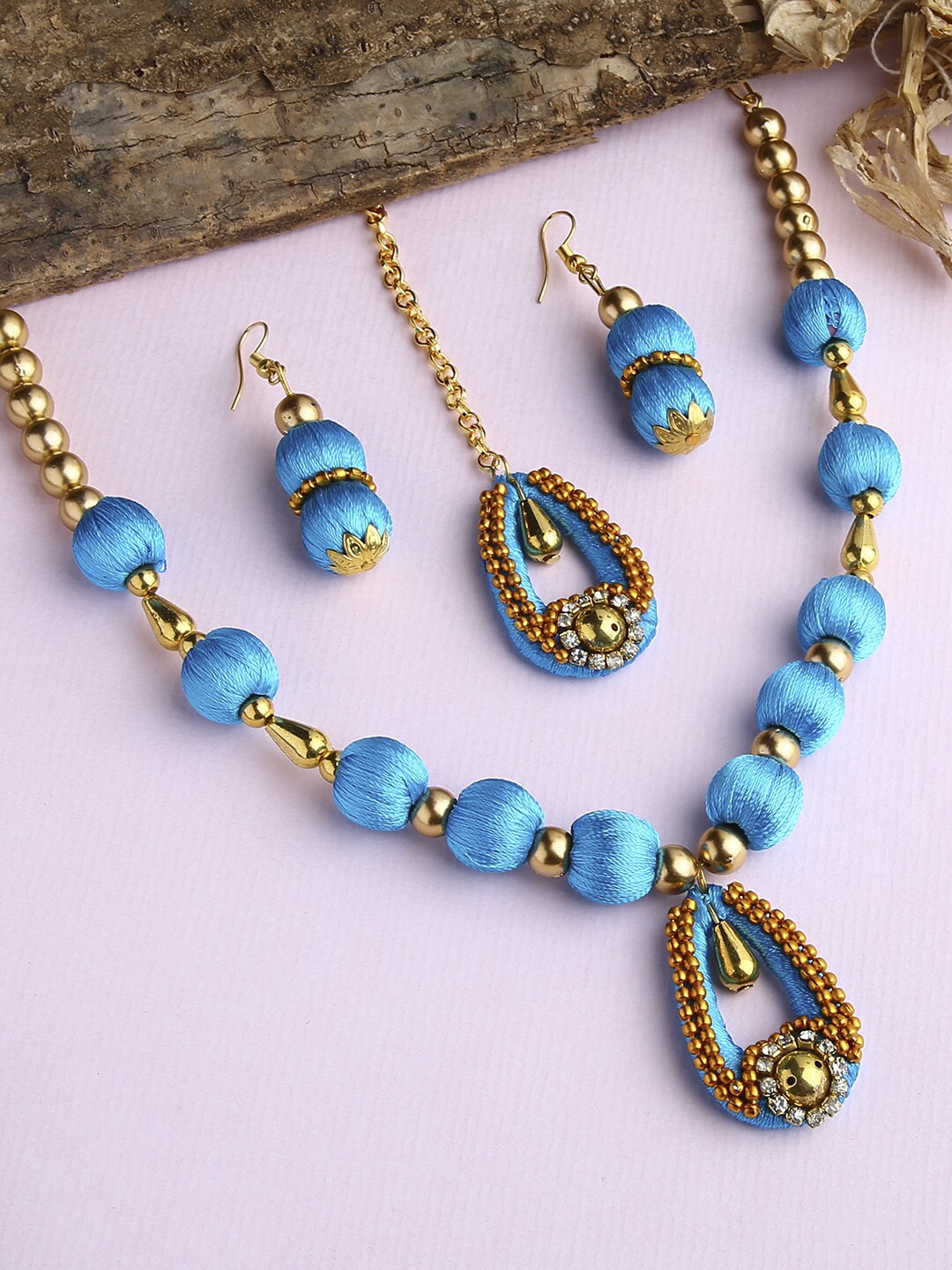 

AKSHARA Gold-Plated White & Blue Stone-Studded & Beaded Thread Jewellery Set