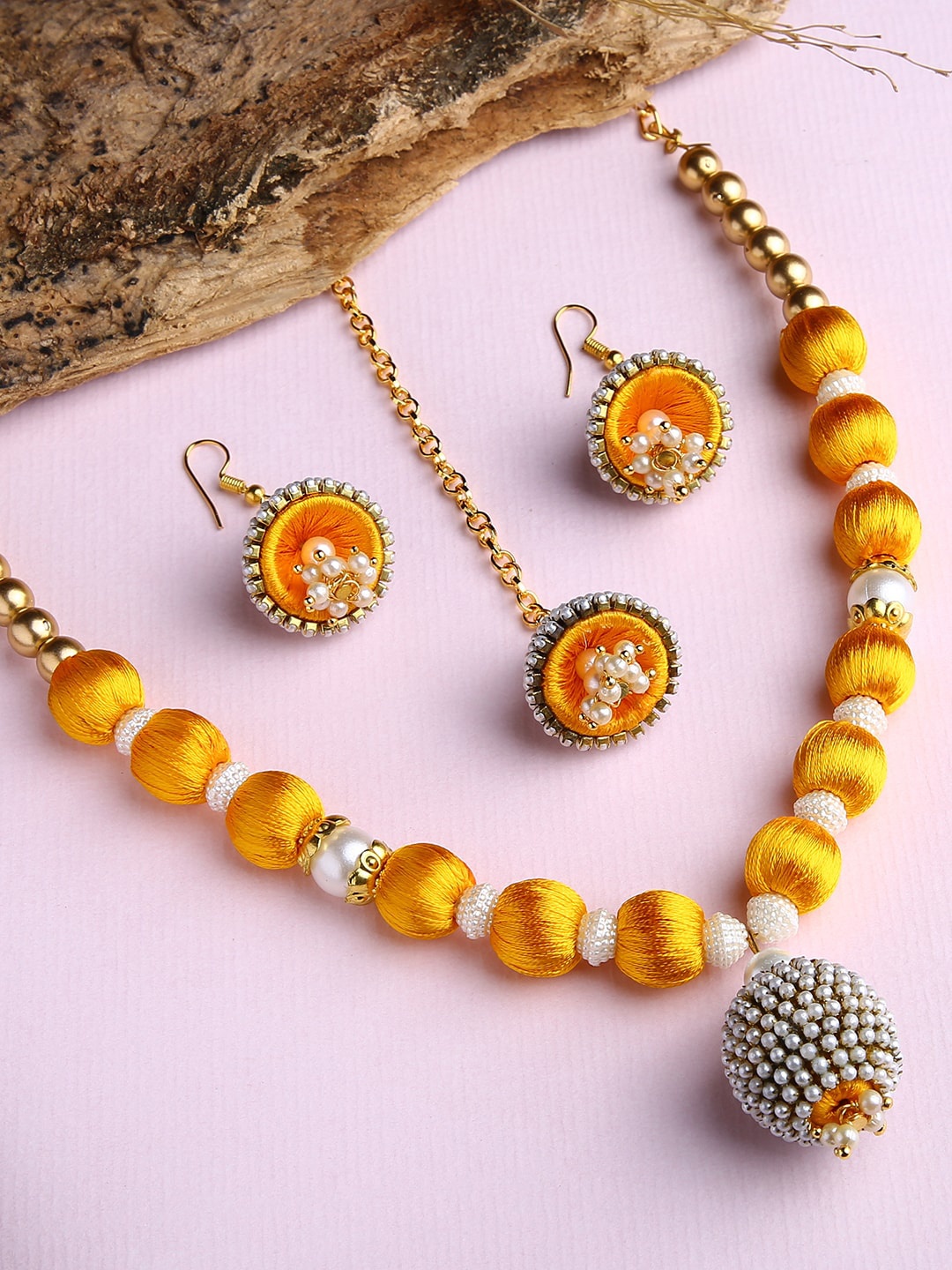 

AKSHARA Gold-Plated & Yellow Stone-Studded & Beaded Silk Thread Jewellery Set