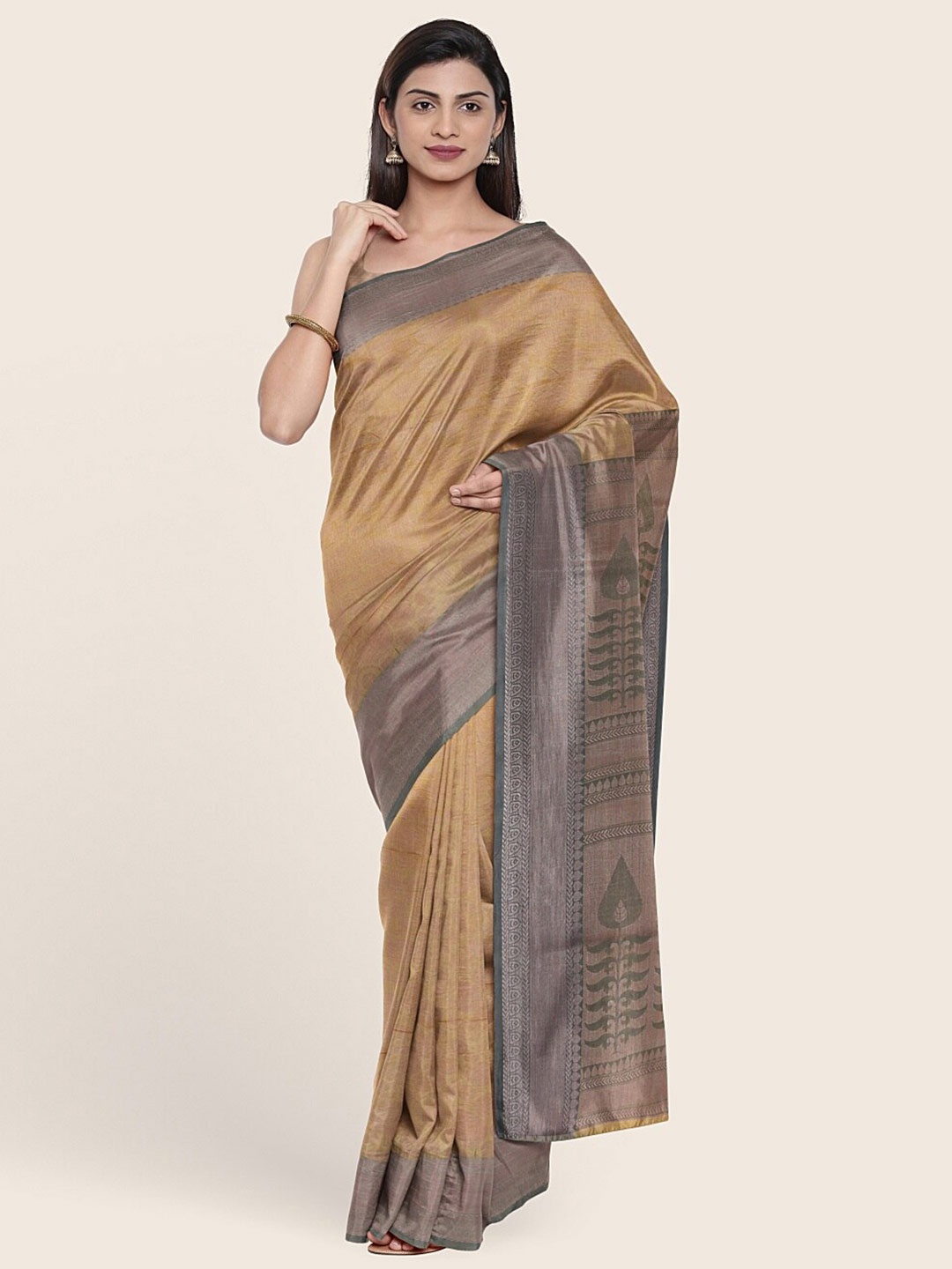 

Pothys Beige & Grey Ethnic Motifs Zari Tissue Saree