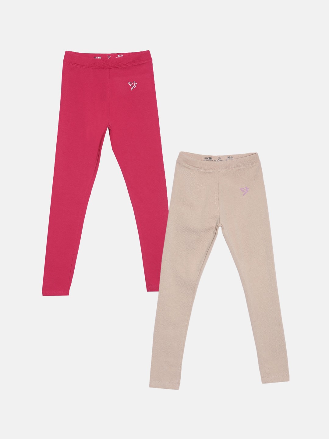 

TWIN BIRDS Girls Pack Of 2 Solid Pure Cotton Tailored-Fit Ankle-Length Leggings, Beige