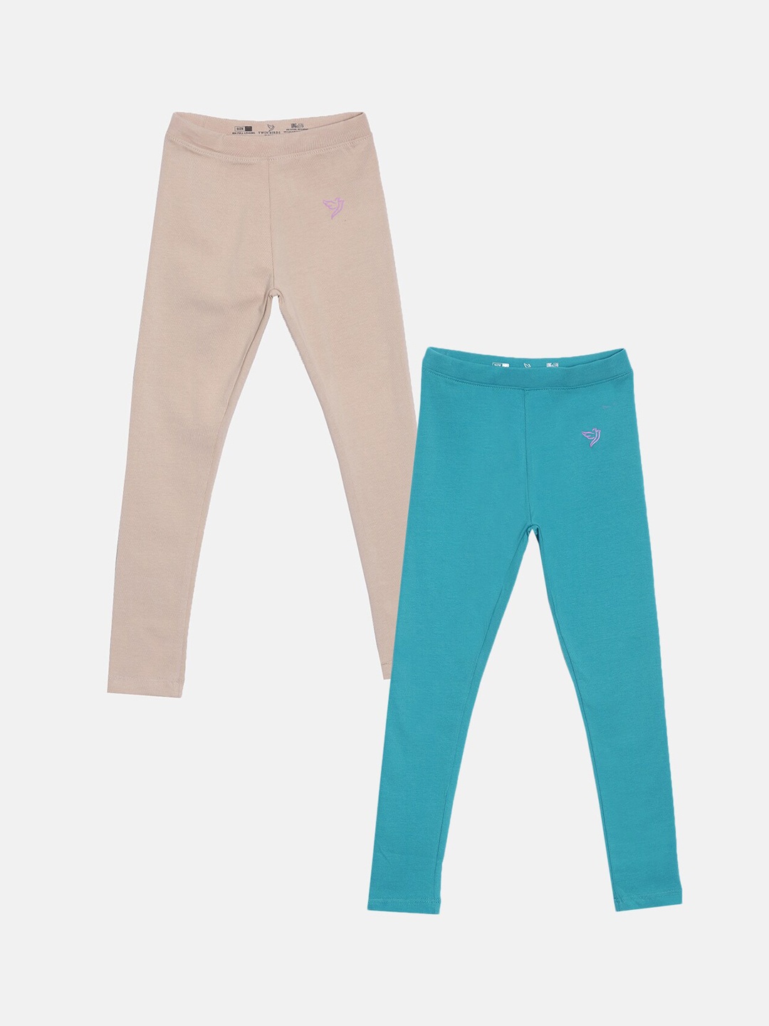 

TWIN BIRDS Girls Pack Of 2 Beige & Sea Green Pure Cotton Ankle-Length Leggings