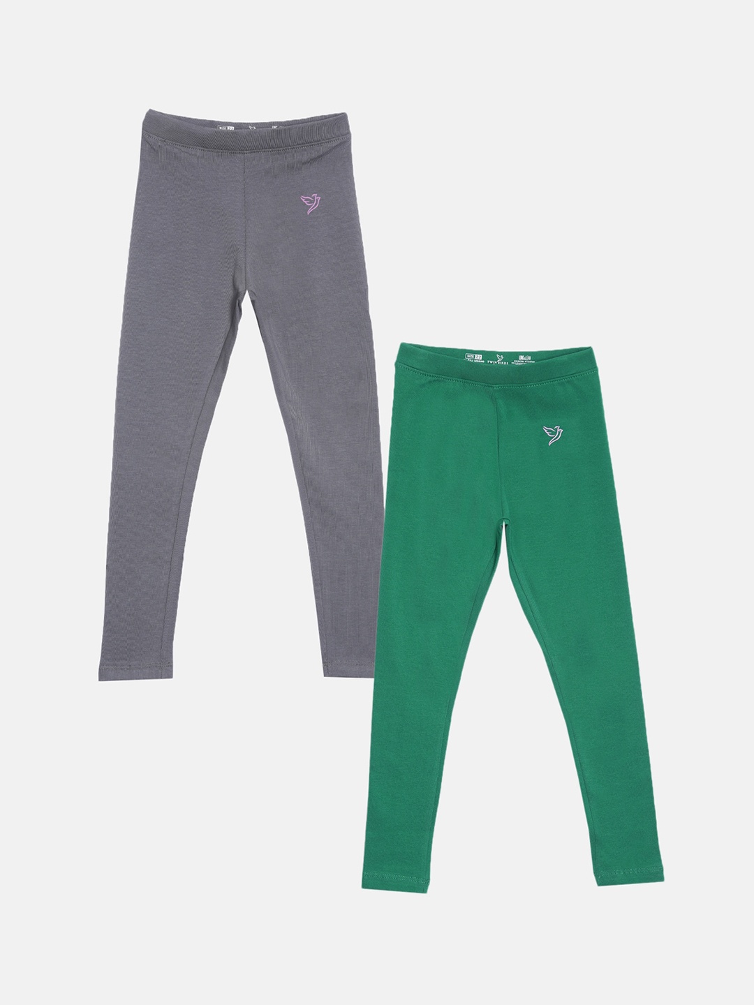 

TWIN BIRDS Girls Pack Of 2 Solid Pure Cotton Ankle-Length Leggings, Grey