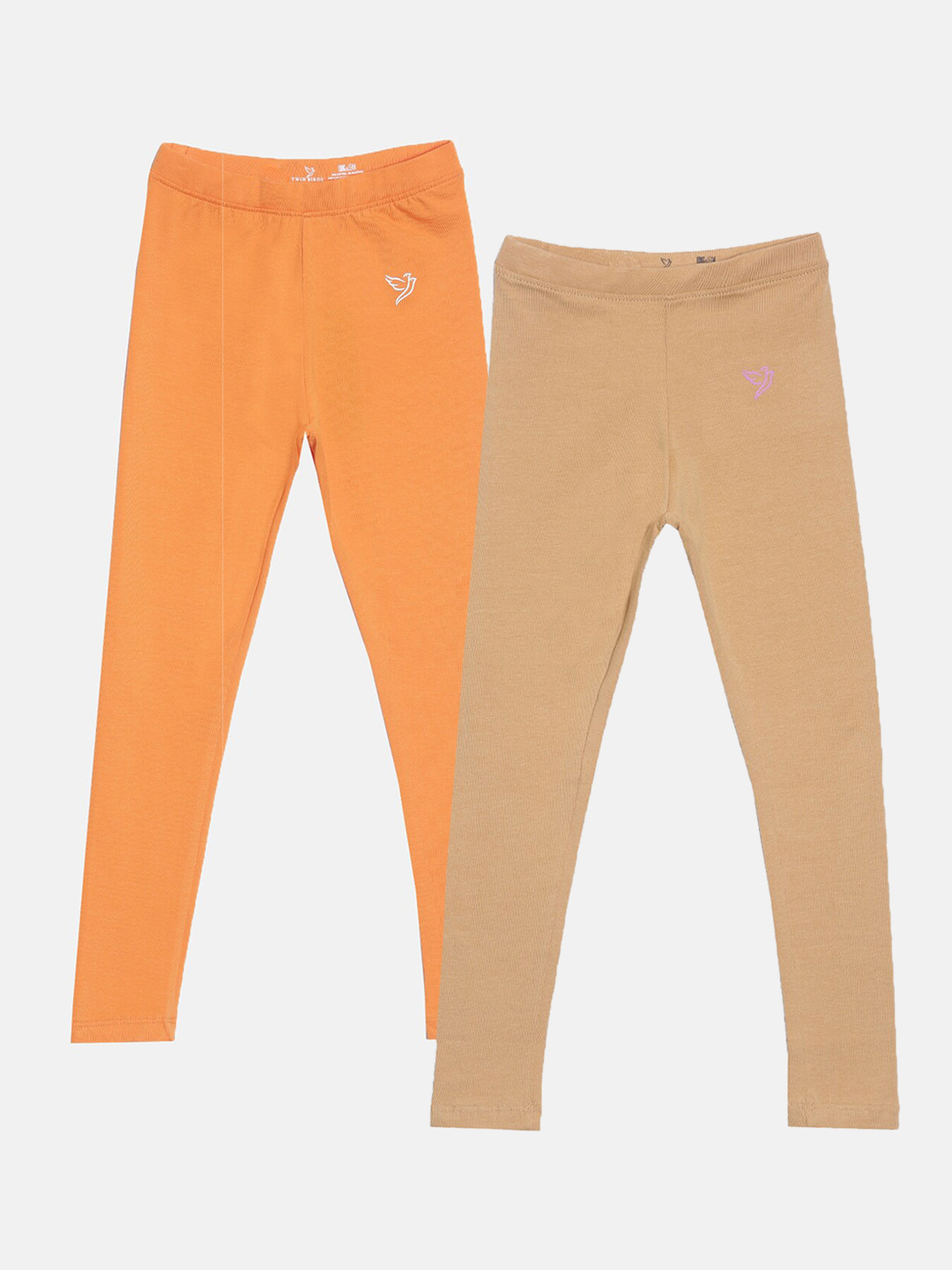

TWIN BIRDS Girls Pack Of 2 Solid Pure Cotton Ankle-Length Leggings, Beige