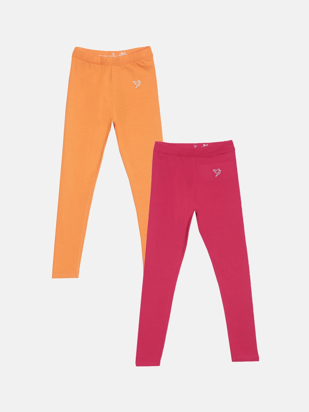 

TWIN BIRDS Girls Pack Of 2 Solid Pure Cotton Tailored-Fit Ankle-Length Leggings, Orange