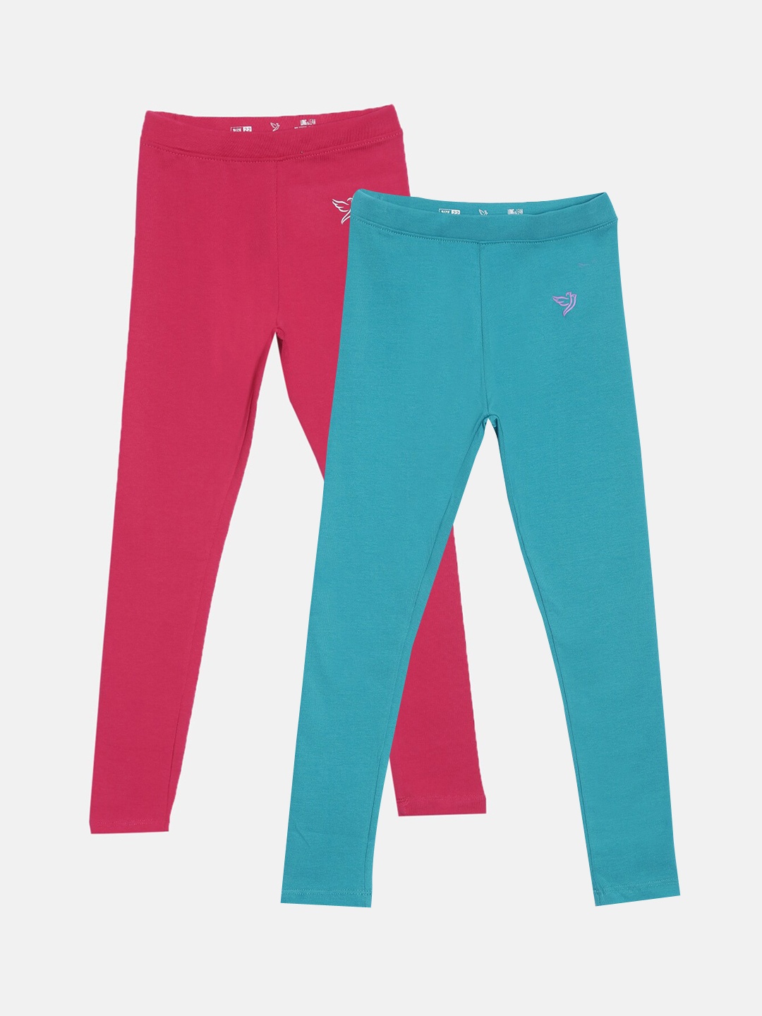 

TWIN BIRDS Girls Pack Of 2 Pink & Sea Green Pure Cotton Tailored-Fit Ankle-Length Leggings