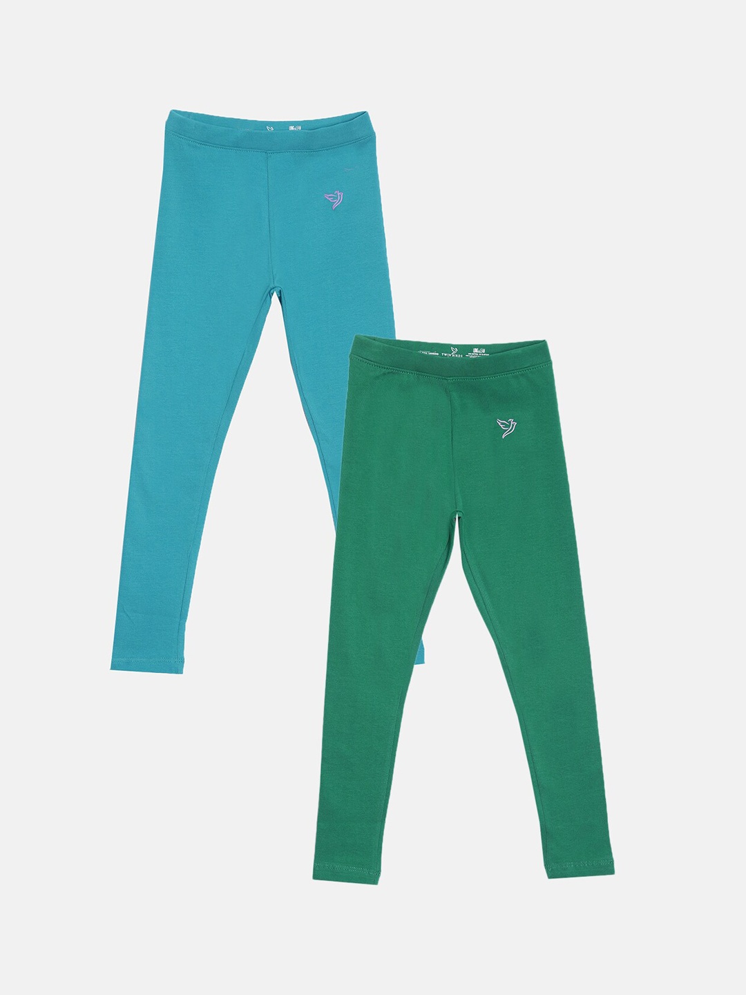 

TWIN BIRDS Girls Pack Of 2 Solid Pure Cotton Tailored-Fit Ankle-Length Leggings, Sea green