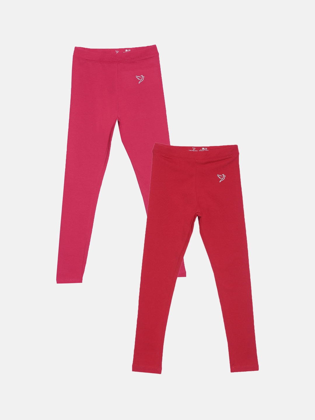 

TWIN BIRDS Girls Pack Of 2 Solid Pure Cotton Tailored-Fit Ankle-Length Leggings, Red