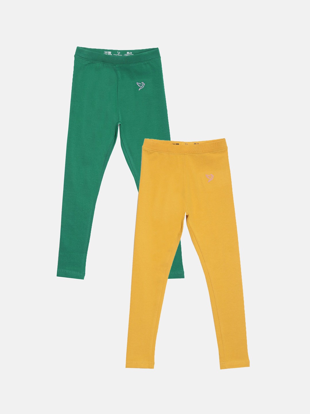 

TWIN BIRDS Girls Pack Of 2 Solid Ankle-Length Tailored-Fit Pure Cotton Leggings, Green
