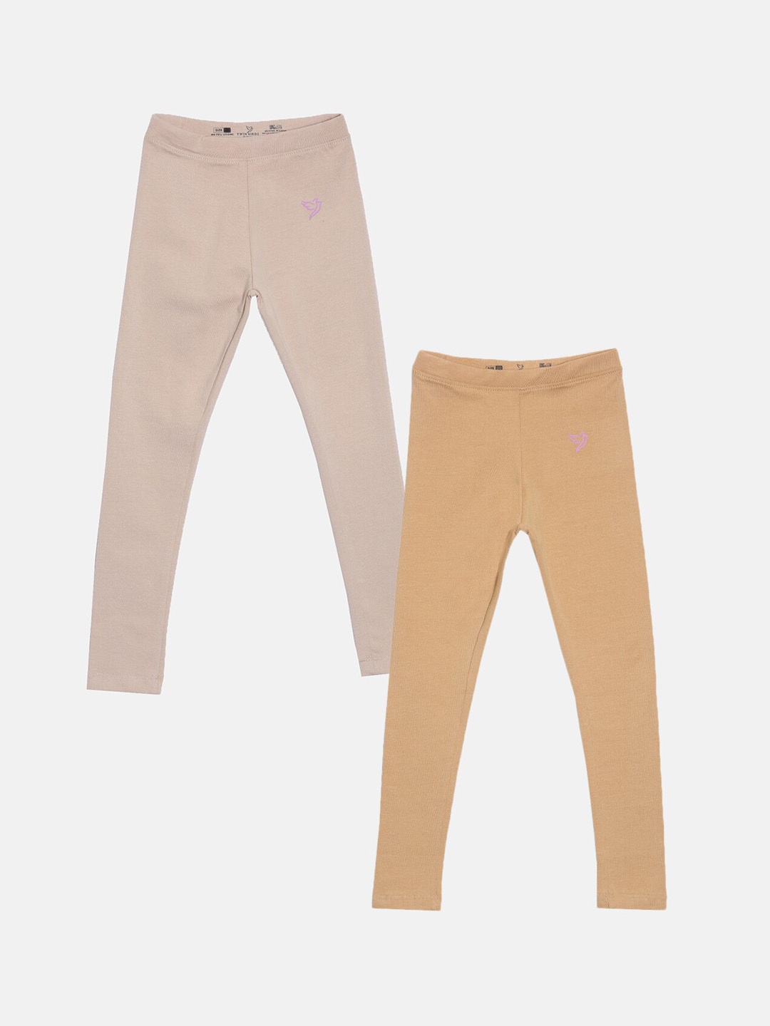 

TWIN BIRDS Girls Pack Of 2 Solid Pure Cotton Tailored-Fit Ankle-Length Leggings, Beige