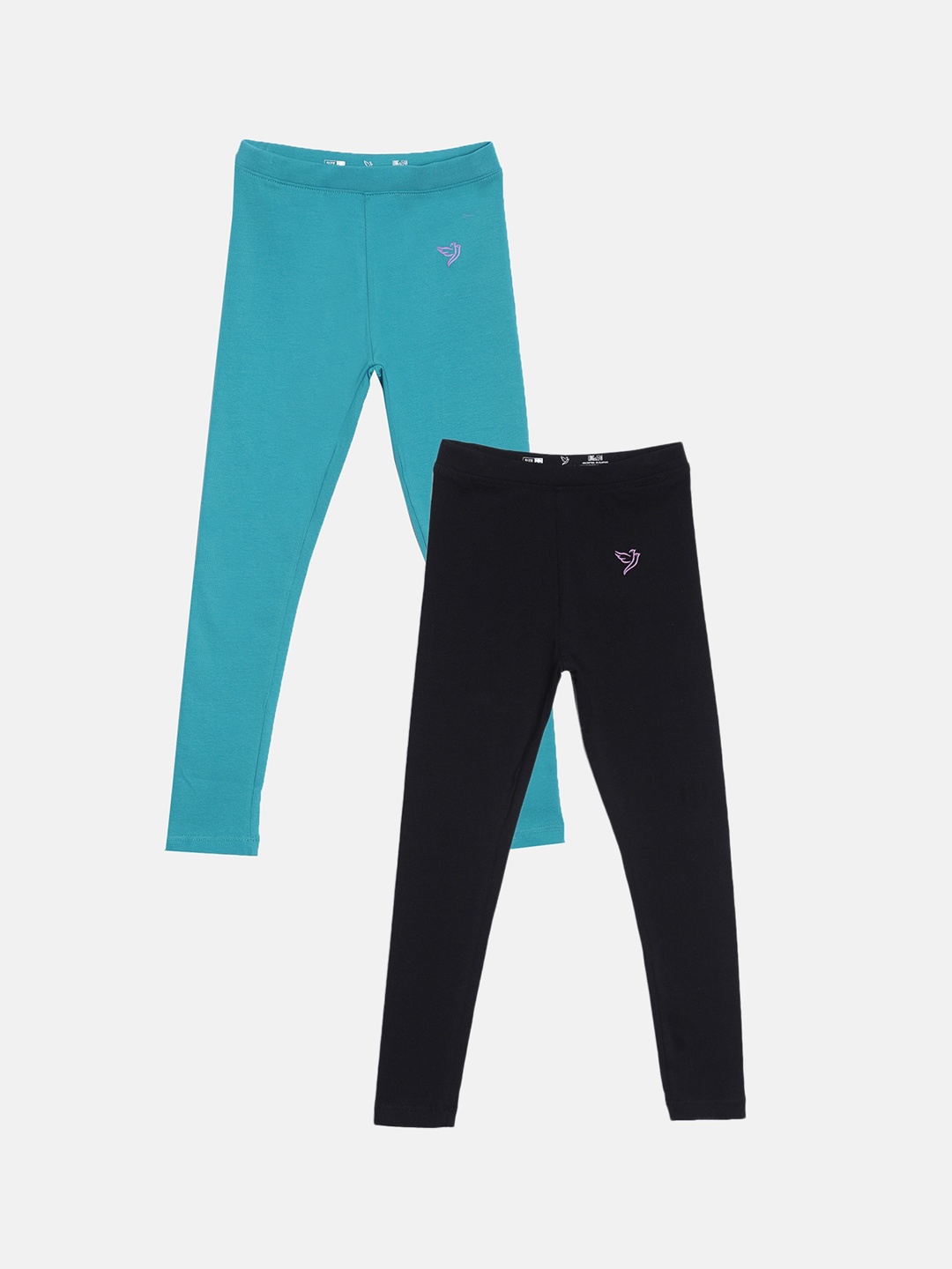 

TWIN BIRDS Girls Pack of 2 Sea Green & Black Tailored Fit Pure Cotton Leggings