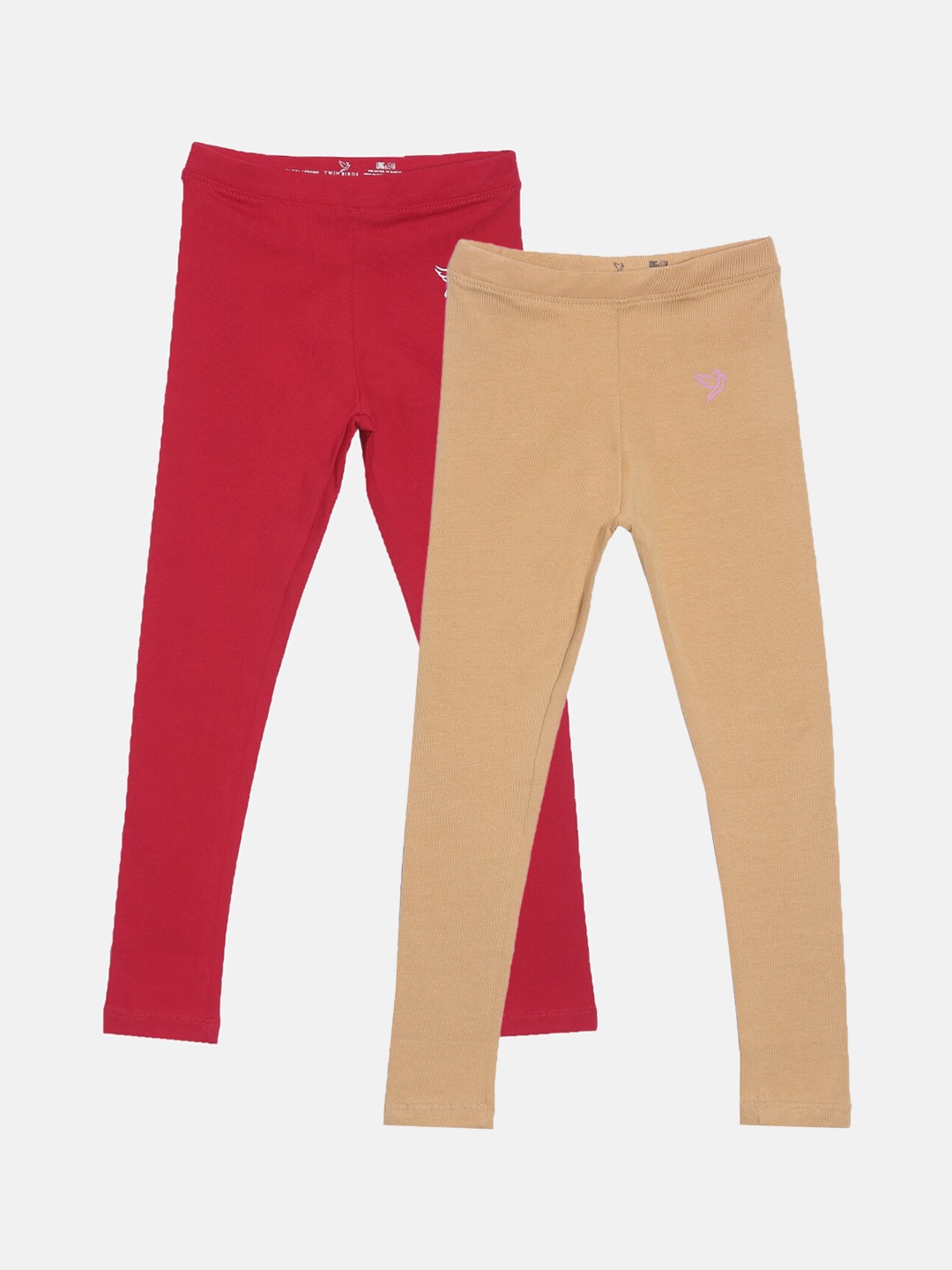 

TWIN BIRDS Girls Pack Of 2 Solid Pure Cotton Tailored-Fit Ankle-Length Leggings, Beige