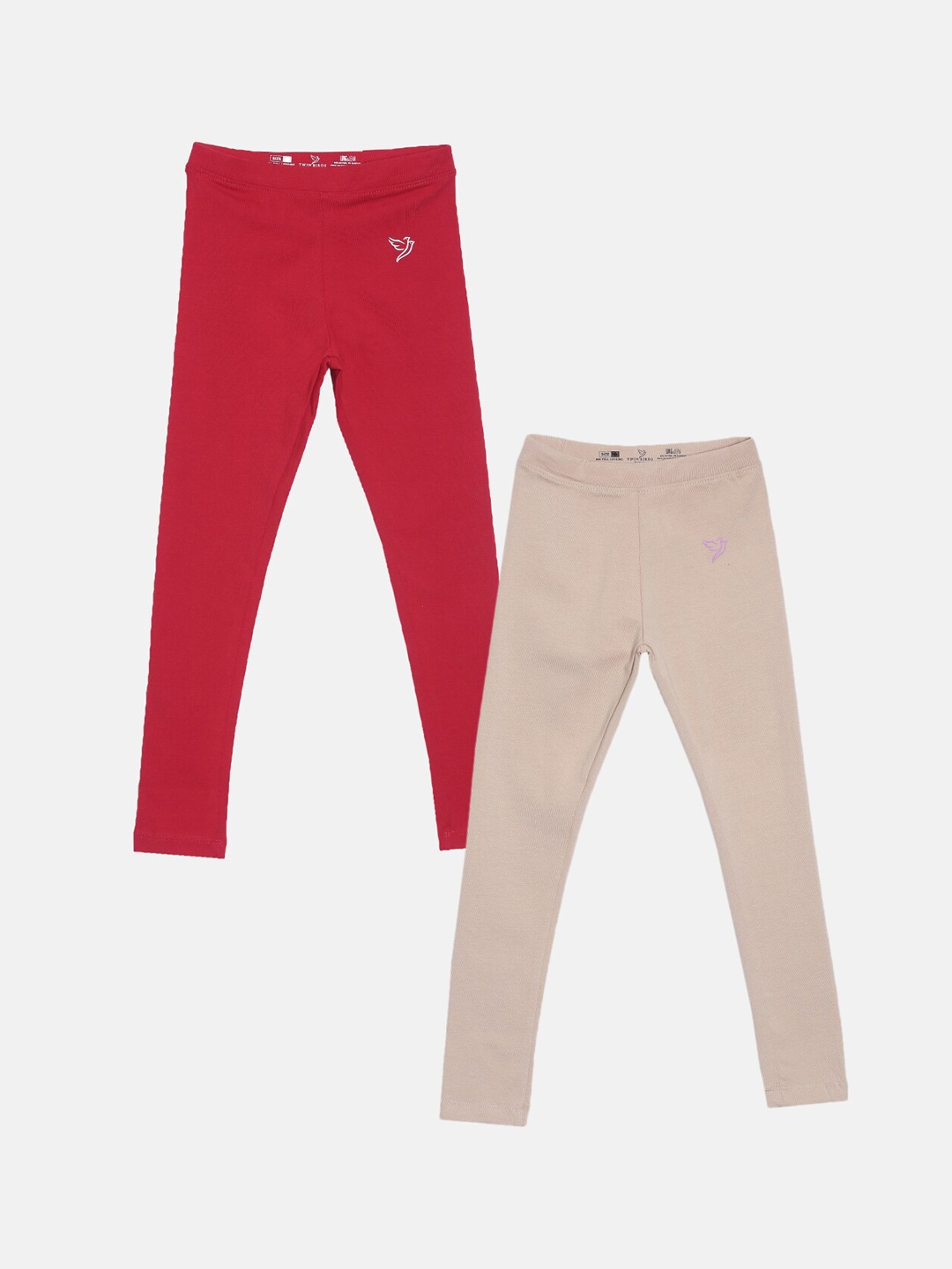 

TWIN BIRDS Girls Pack Of 2 Solid Pure Cotton Tailored-Fit Ankle-Length Leggings, Beige