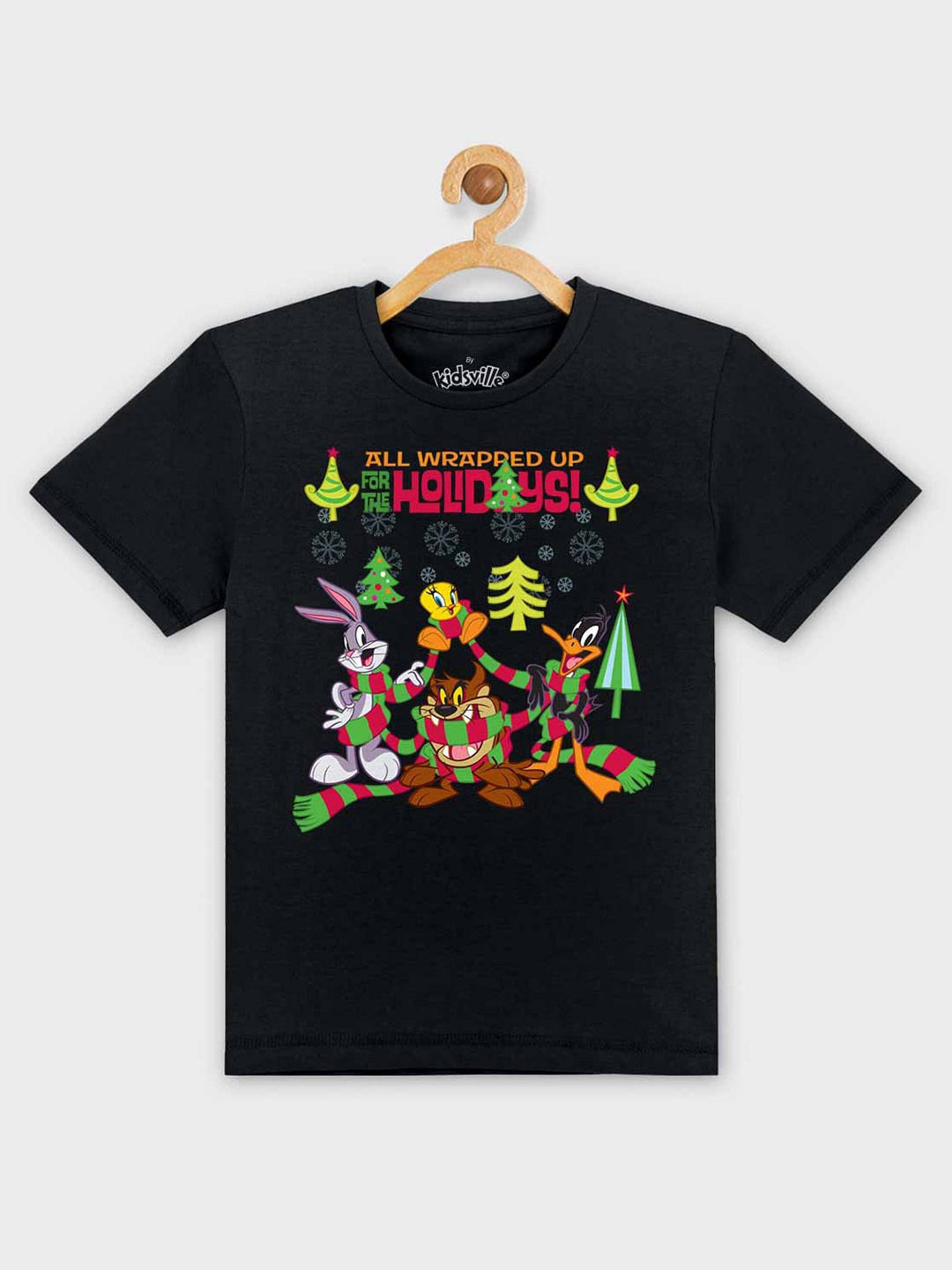 

Kids Ville Boys Black Looney Tunes Christmas Printed Cotton T-shirt