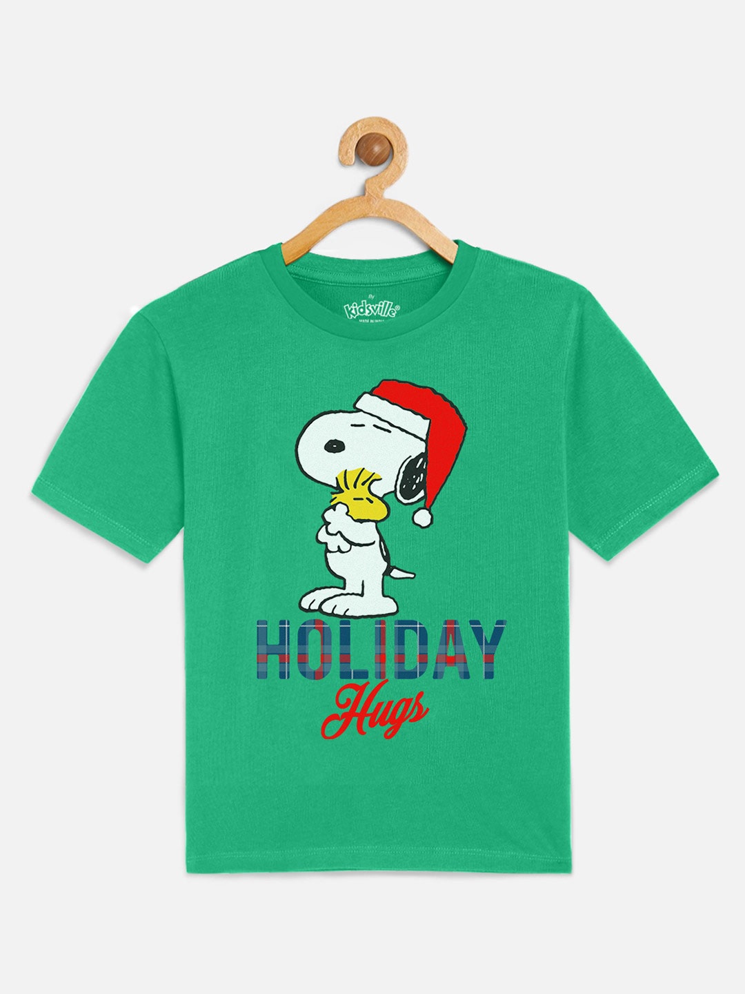 

Kids Ville Peanuts Christmas Boys Green Printed Pure Cotton T-shirt