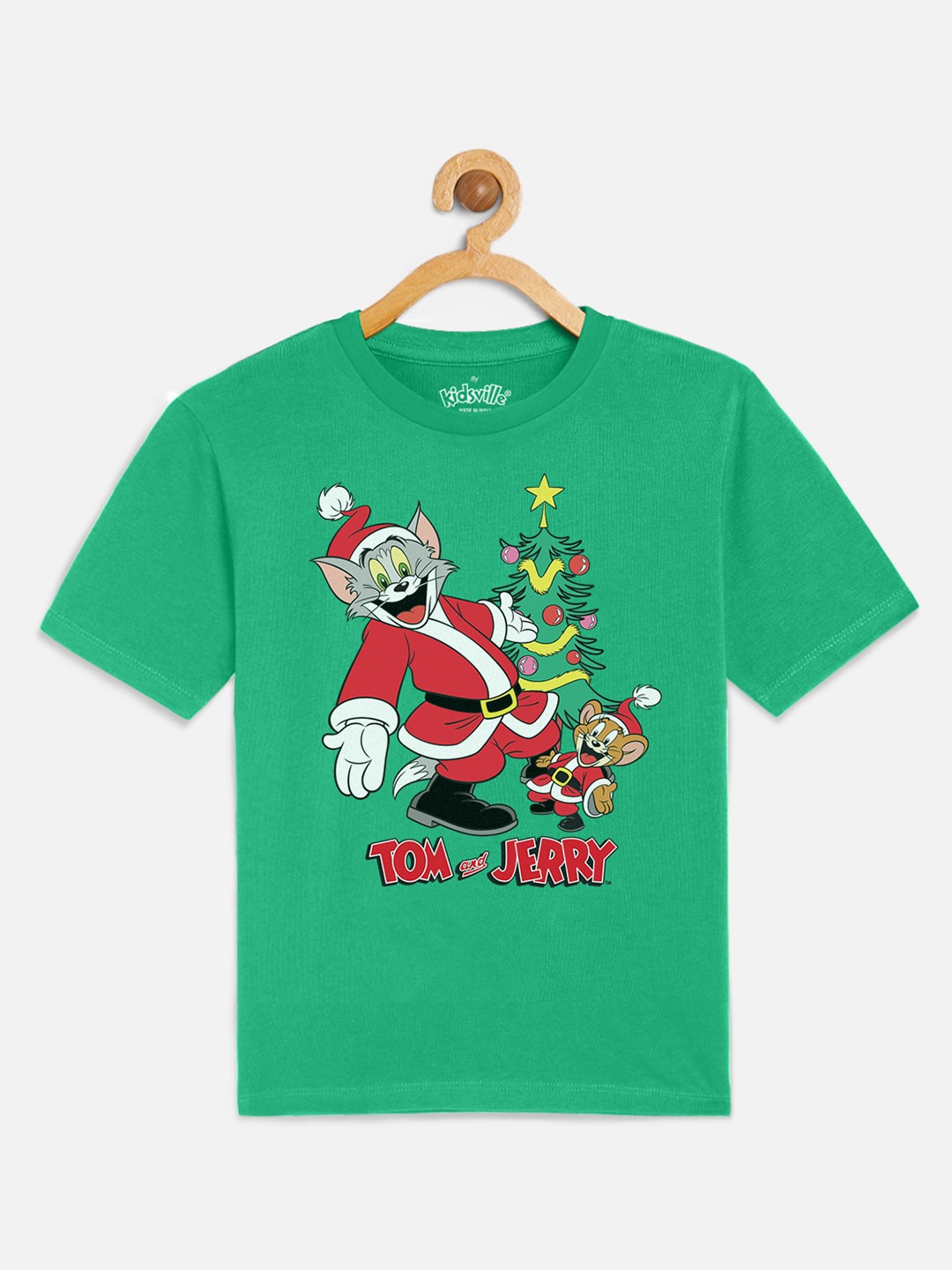 

Kids Ville Boys Green Tom & Jerry Christmas Printed T-shirt