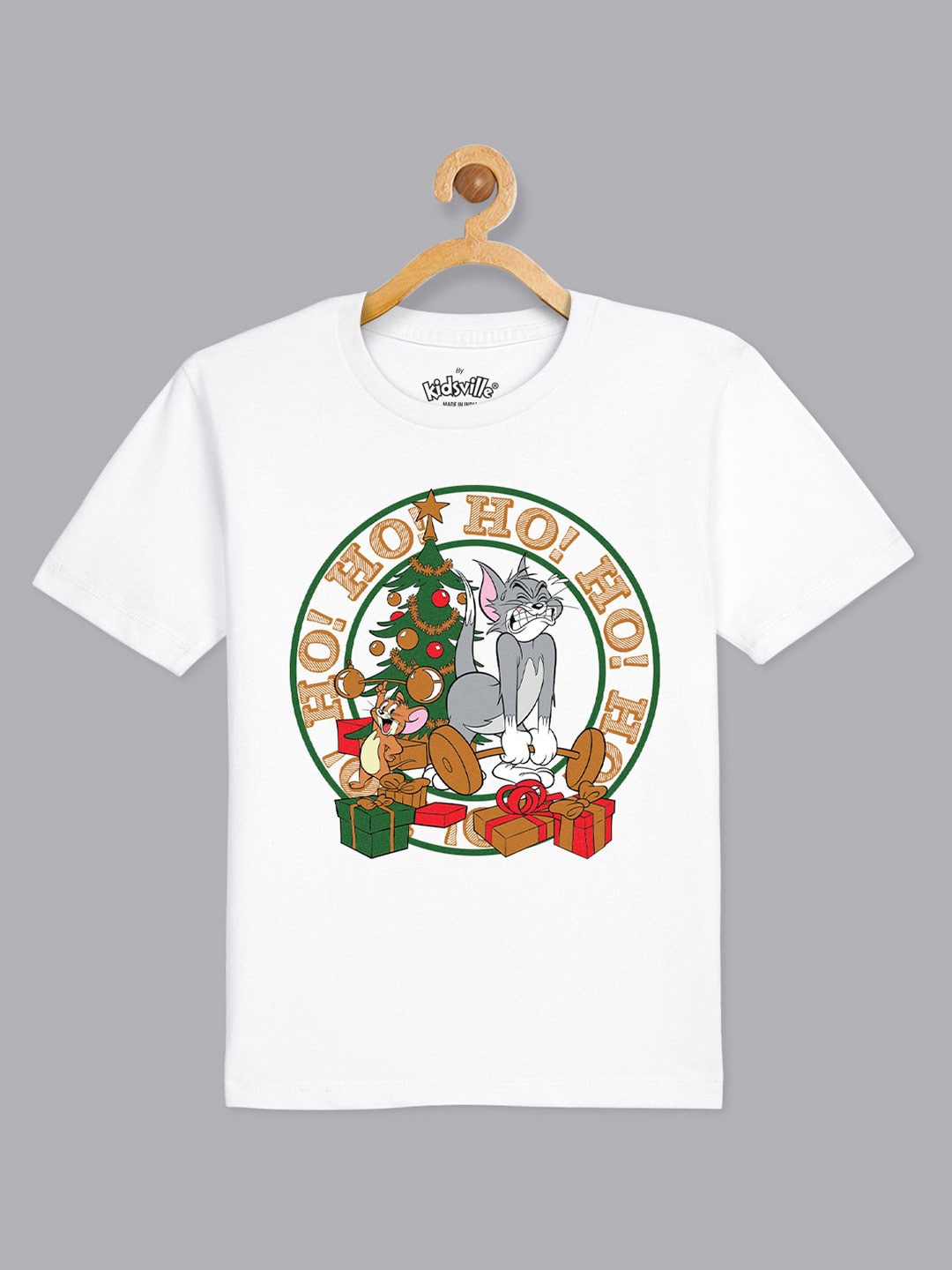

Kids Ville Boys White Tom & Jerry Christmas Printed T-shirt
