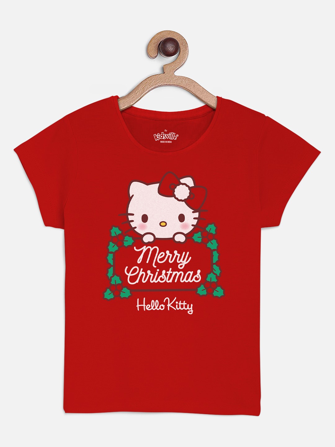 

Kids Ville Girls Red Hello Kitty Christmas Printed Cotton T-shirt