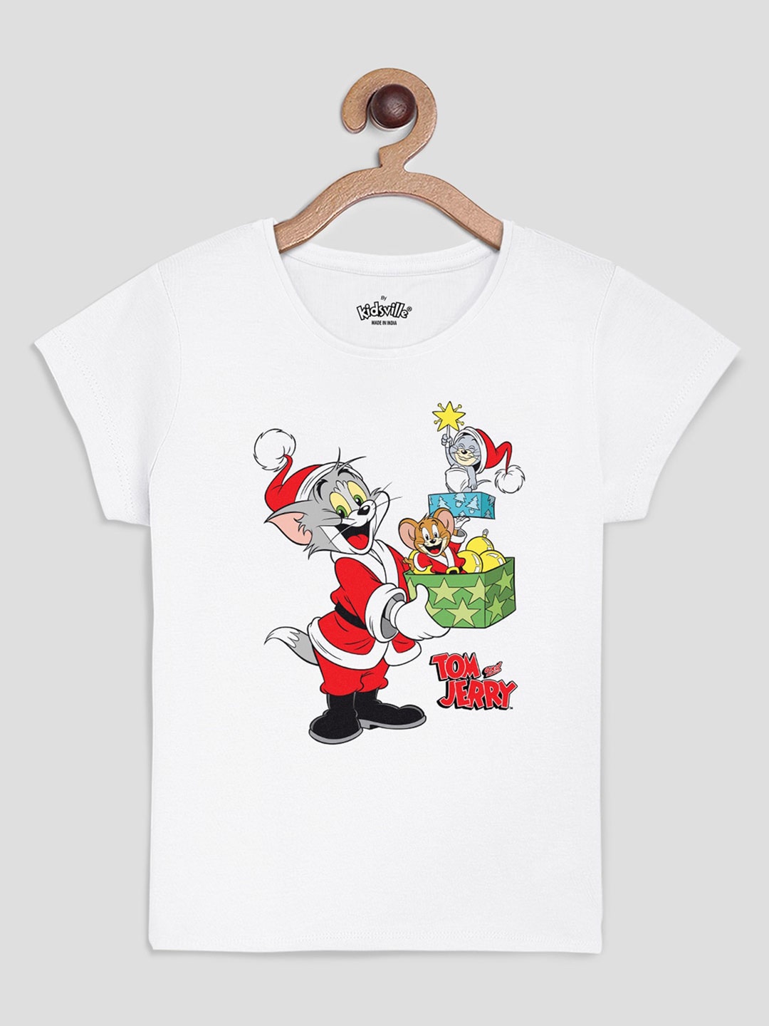 

Kids Ville Girls White Tom & Jerry Christmas Printed Pure Cotton T-shirt