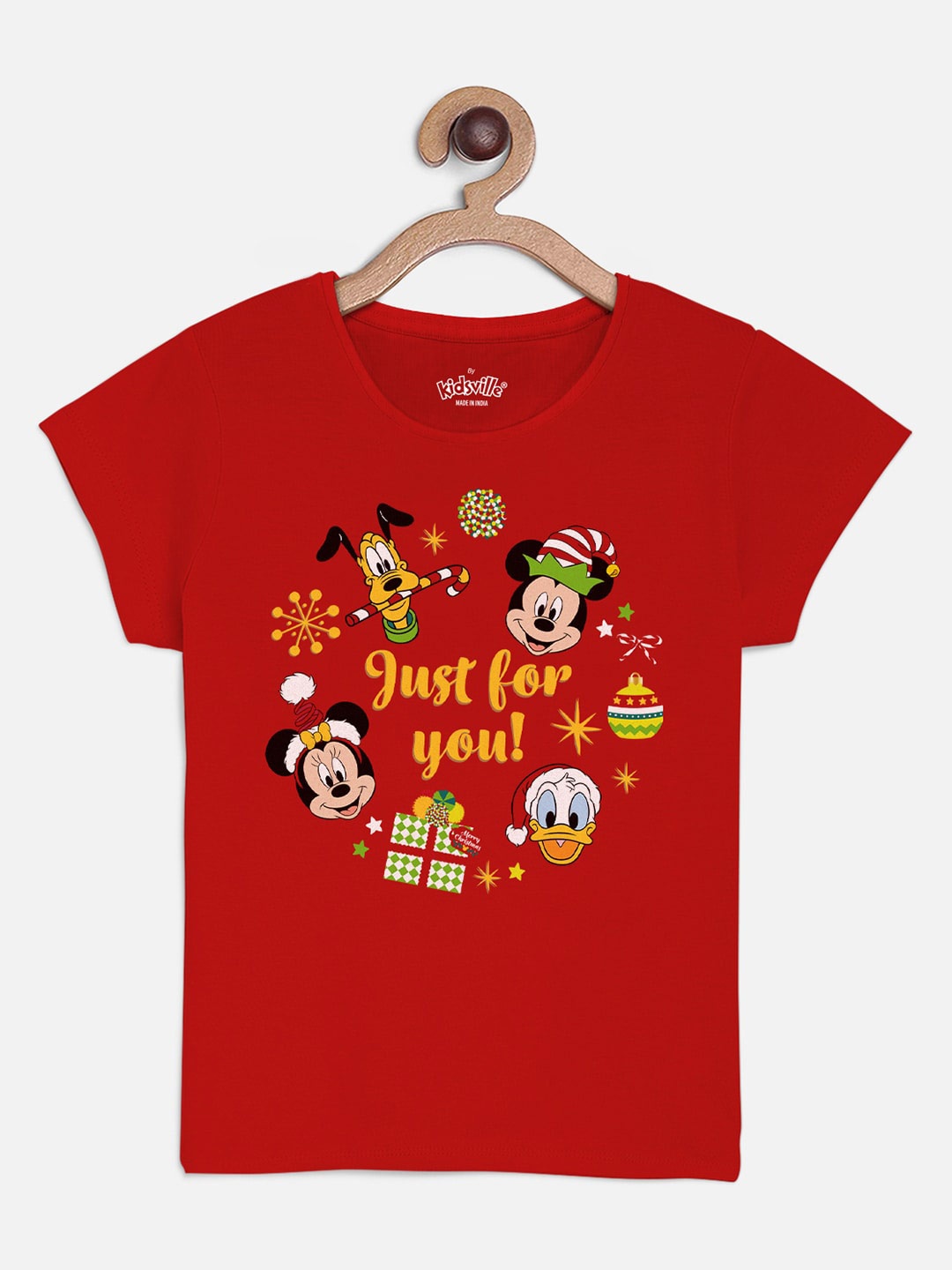 

Kids Ville Girls Red Mickey And Friends Christmas Printed T-shirt