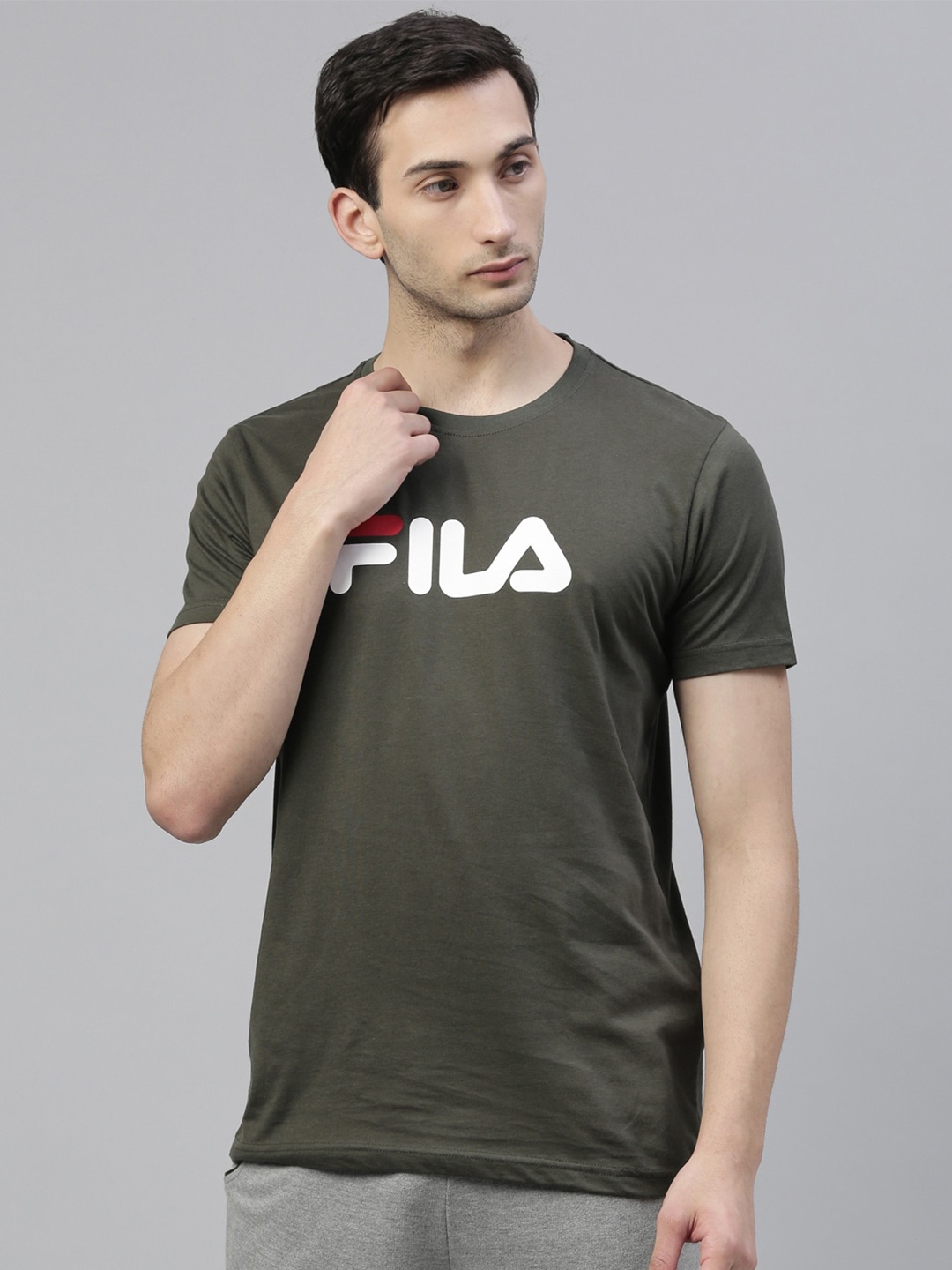 

FILA Men Olive Green Brand Logo Printed Cotton T-shirt