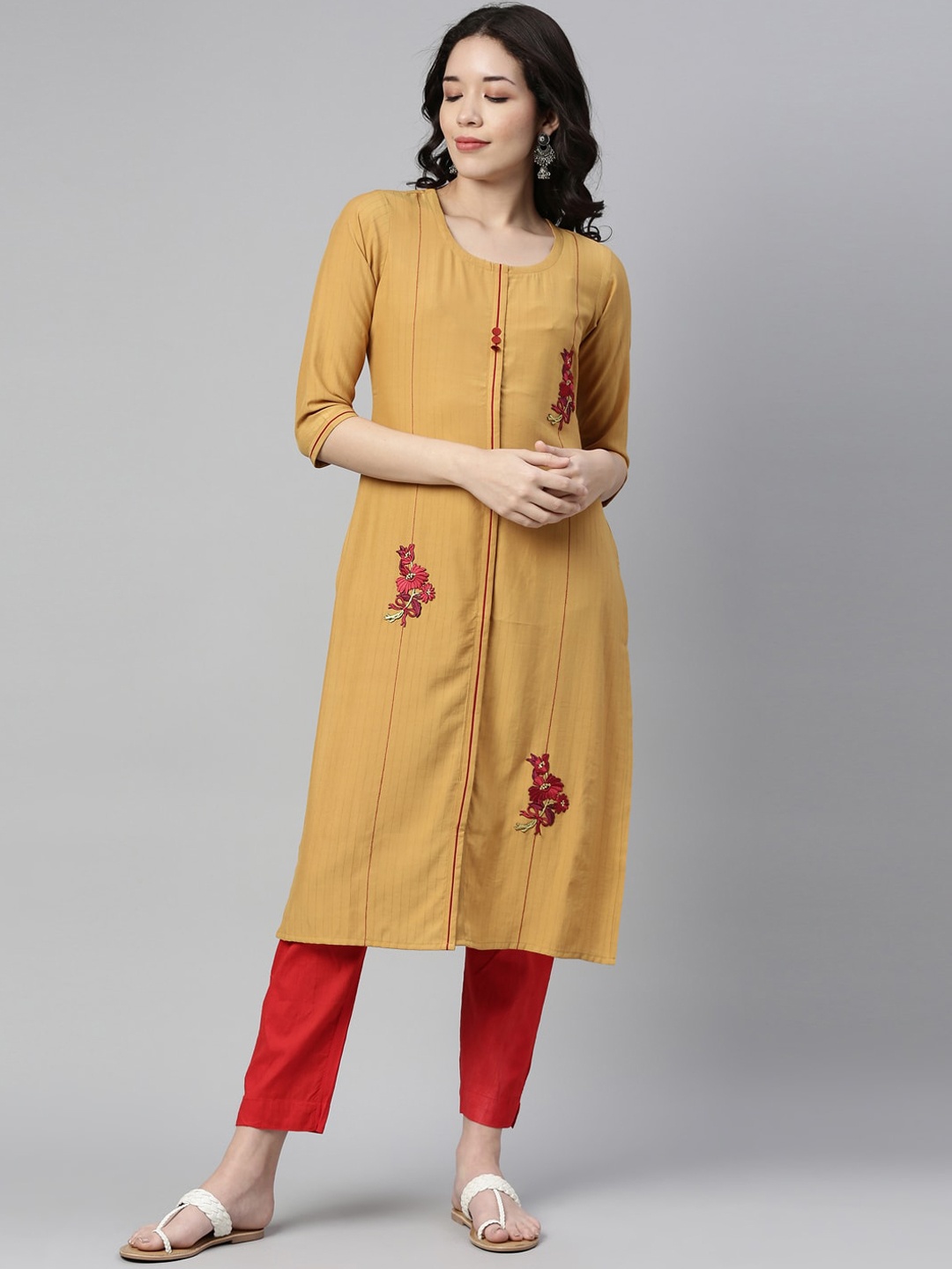 

Neerus Women Mustard Yellow & Maroon Embroidered Straight Kurta