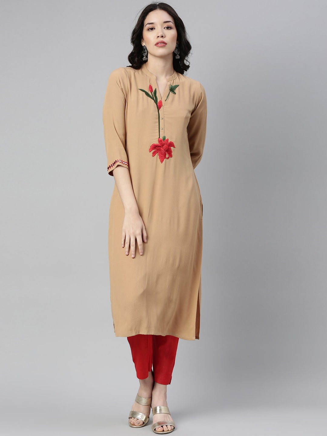 

Neerus Women Beige Thread Work Floral Georgette Kurta