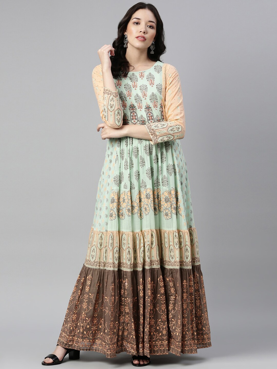 

Neerus Women Sea Green & Brown Ethnic Motifs Printed Floral Anarkali Cotton Kurta